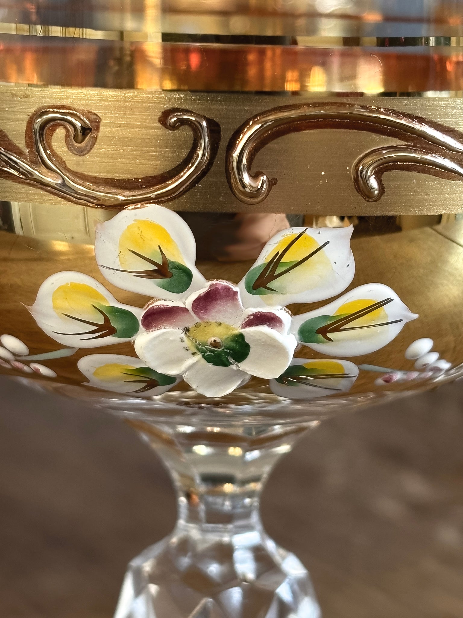 Decorative glass Murano goblet with floral designs and gold accents