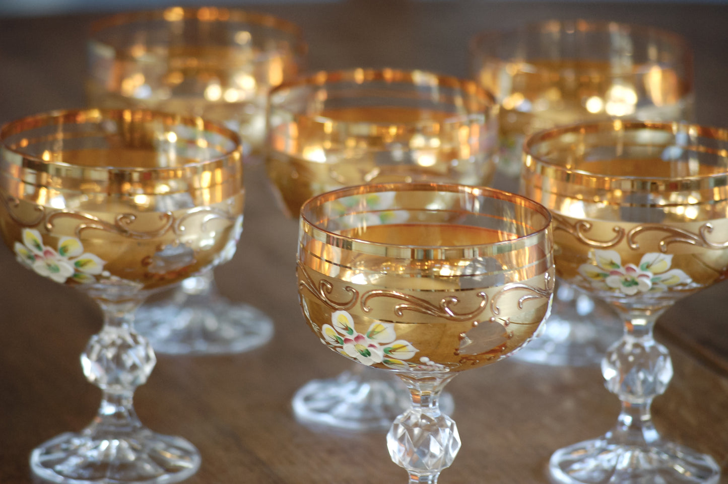 Vintage Italian Wine Glasses with Gold Rim & Hand-Painted Enamel Flowers – Set of 6