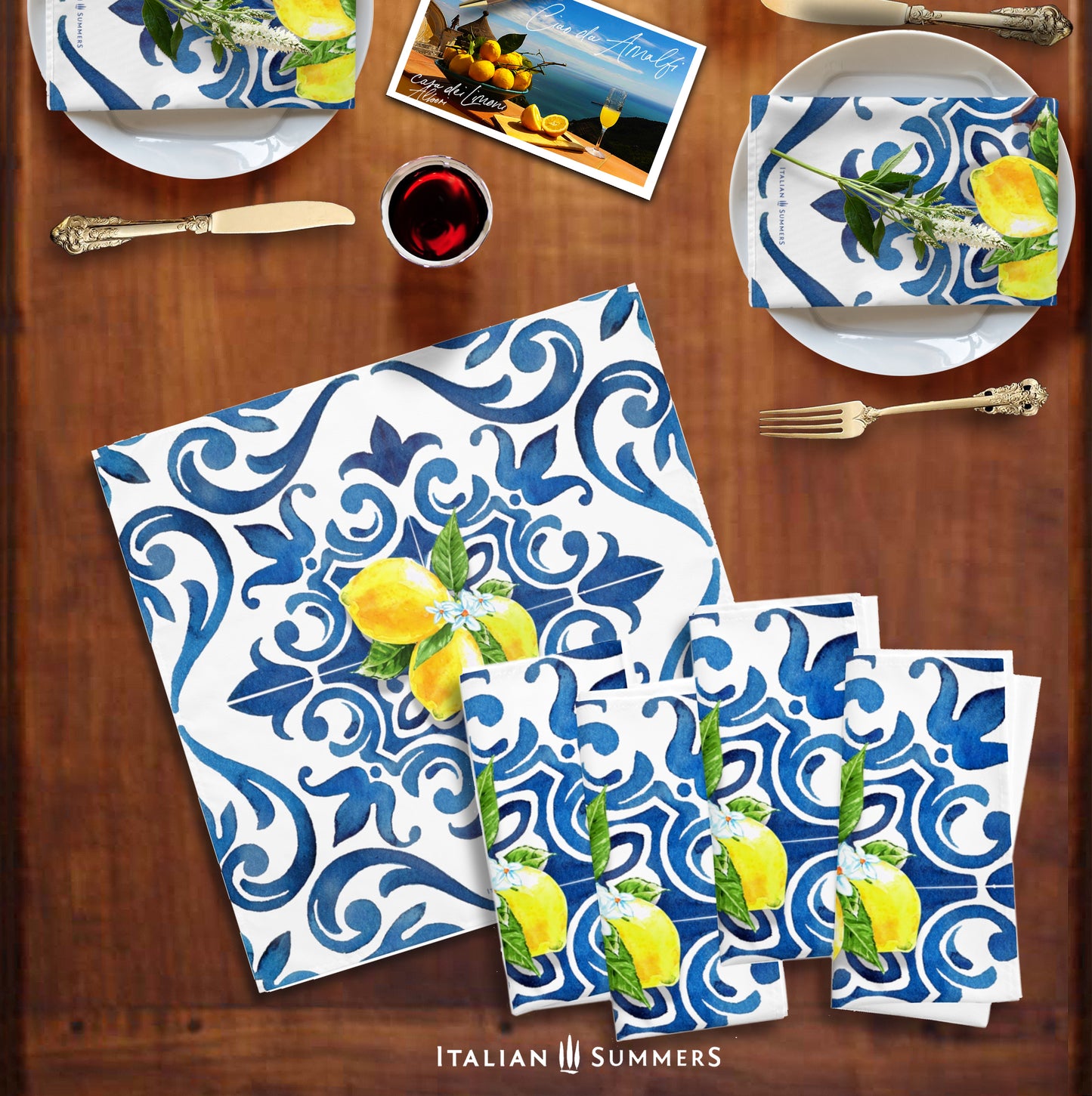Italy inspired square napkins print with a big Italian tiles in the colors blue white. In the center of the tile there is a bundle of lemons. This is a set of 4 napkins. We have a matching table runner and pillows. We call this design blue tiles and lemons. Made by Italian Summers