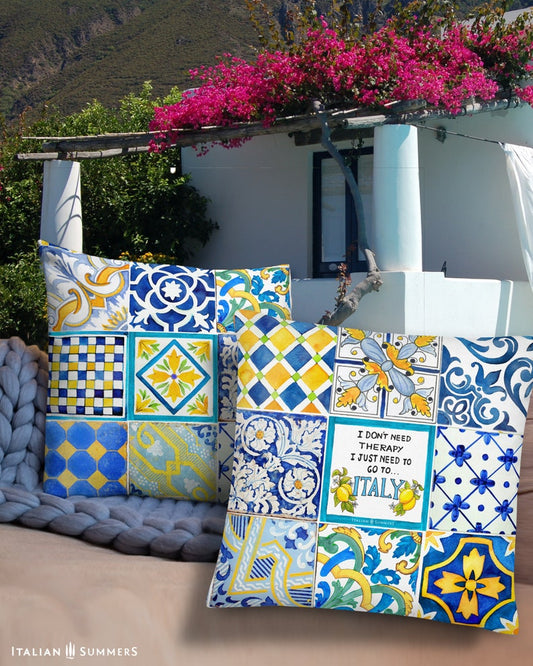 Italy inspired pillow with the quote I don't need therapy, I just need to go to Italy.  Crafted with stunning majolica tiles, this eye-catching pillow cover will transport you to the stunning Capri shores with just a glance.. Made by Italian Summers