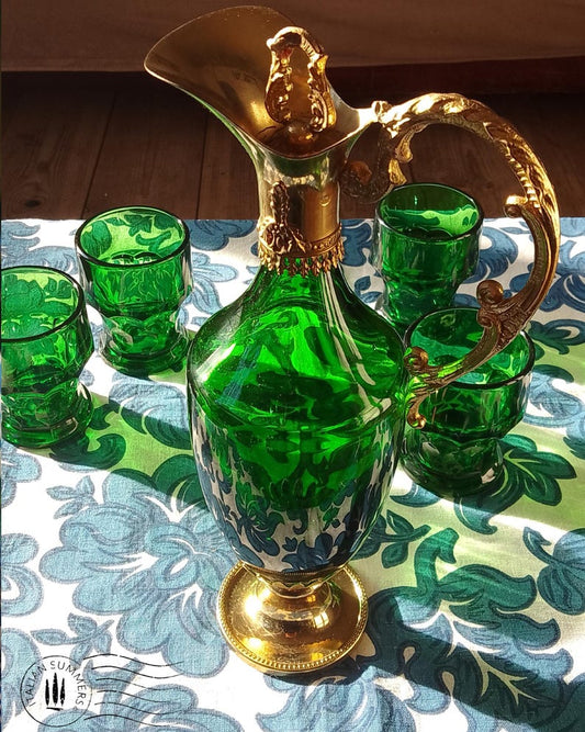 RARE Italian Vintage wine carafe and FOUR sculptural emerald-green glass goblets from the 1960s-70s