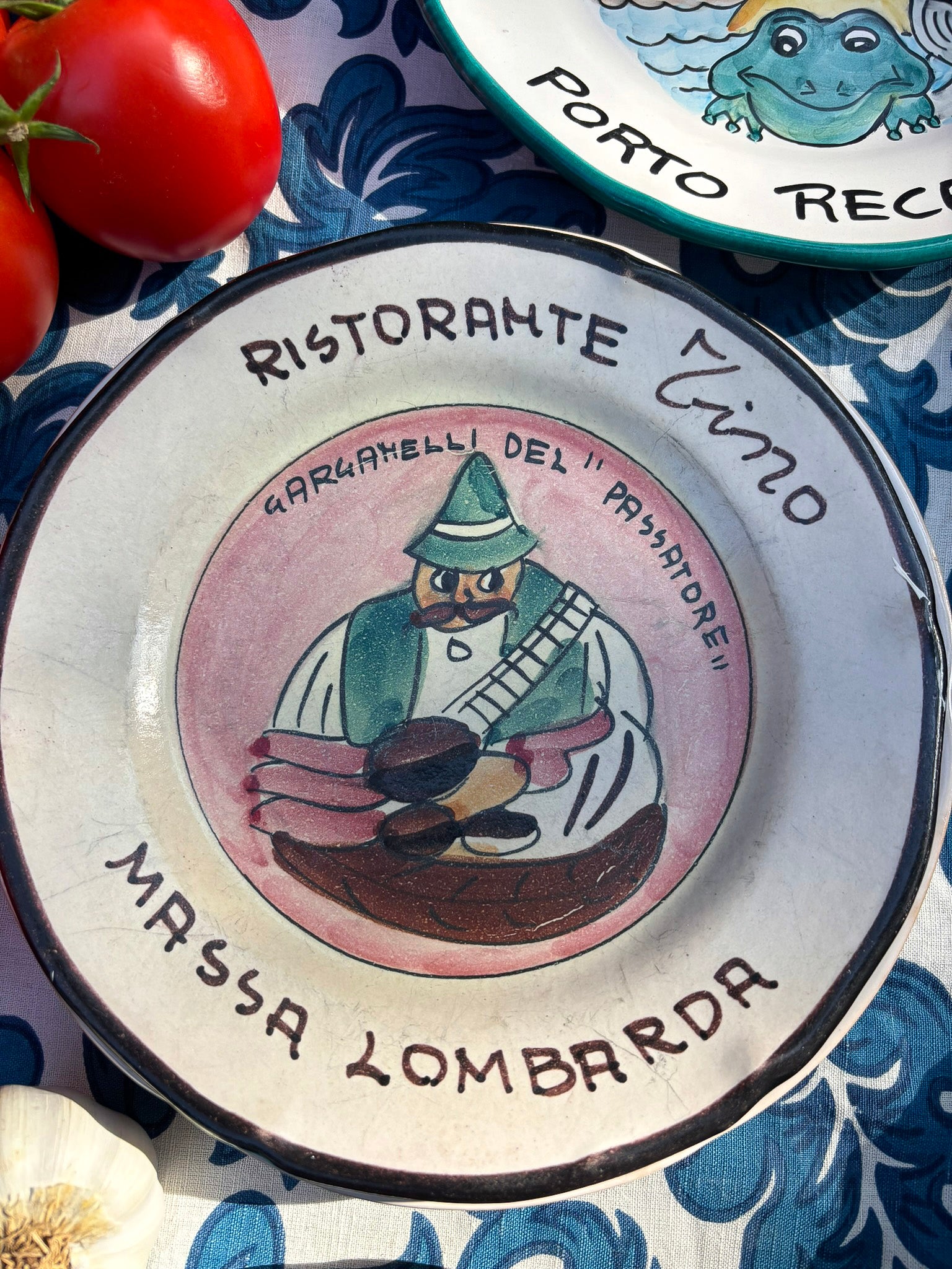 Vintage Buon Ricordo plate from Ristorante Tino Massa Lombarda - Hand-painted Italian ceramic commemorative plate