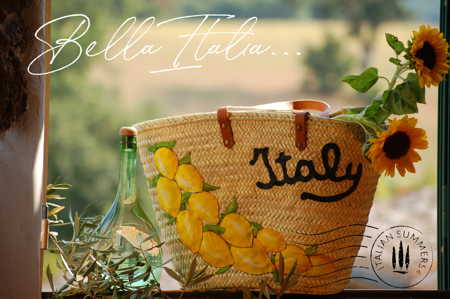 This large straw bag ITALY LEMONS with hand-painted Amalfi lemon appliques and an embroidered "Italy" quote. Designed and sold by Italian summers This straw bag is made to order.