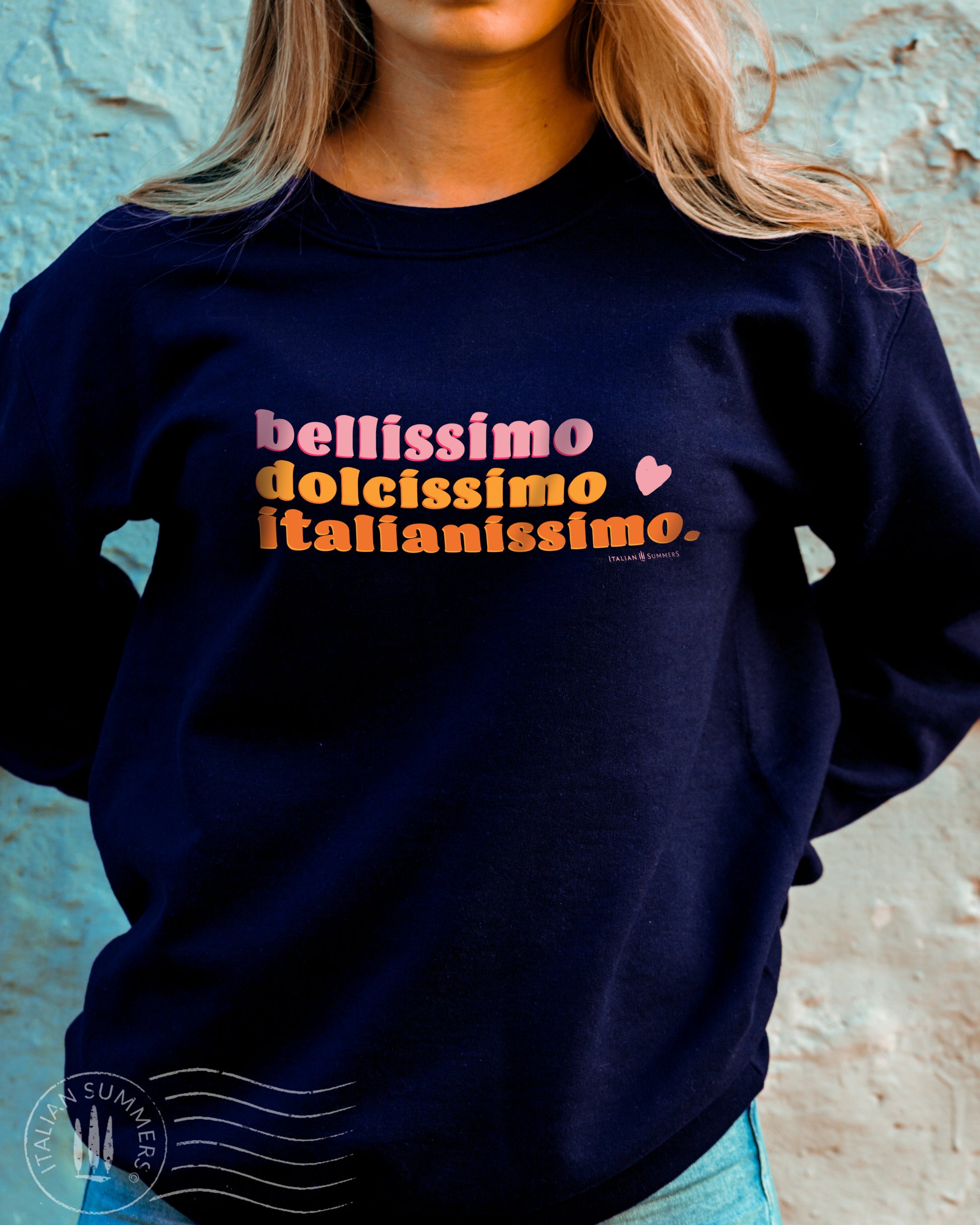 Italy inspired soft and cozy cotton blend sweatshirt with 1970s  pink,sunflower-yellow and orange retro font text  Bellissimo Dolcissimo Italianissimo.