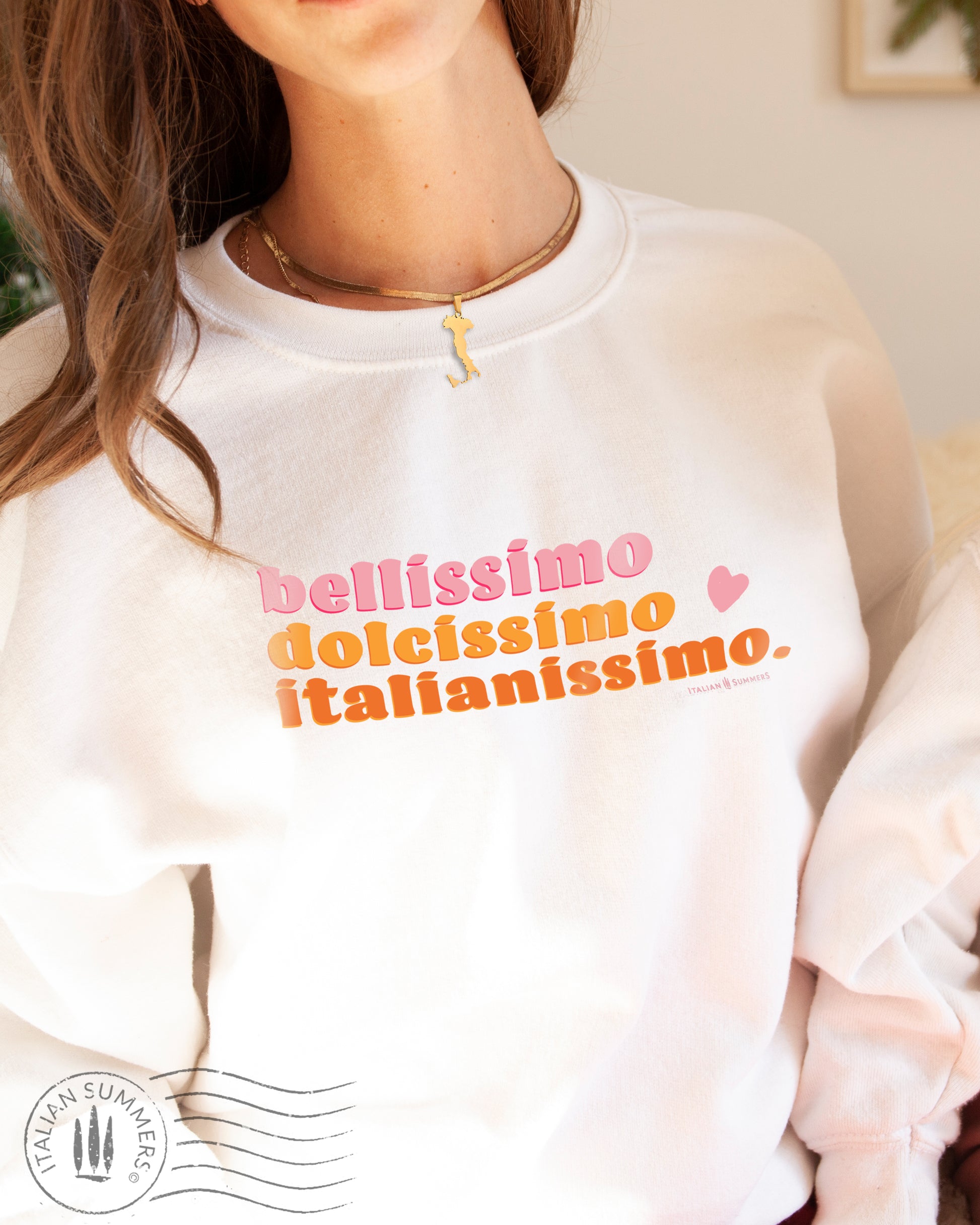 Italy inspired soft and cozy cotton blend sweatshirt with 1970s  pink,sunflower-yellow and orange retro font text  Bellissimo Dolcissimo Italianissimo.