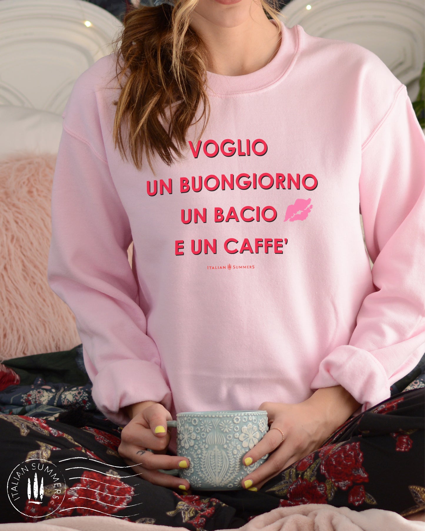 Sweatshirt VOGLIO UN BUONGIORNO - red text - White or Pink