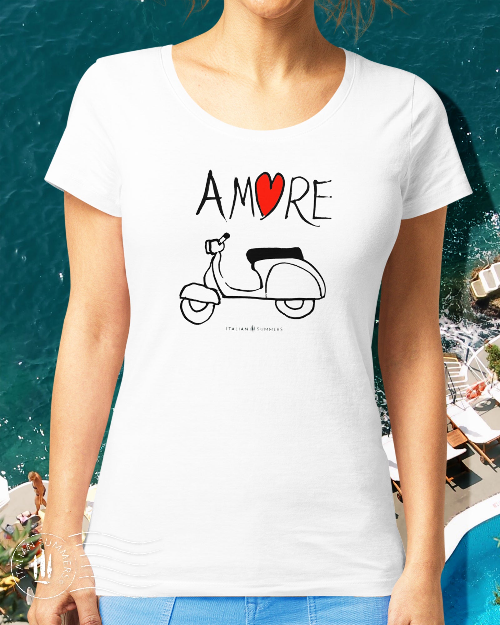 Italy inspired  white T Shirt  with a print of  hand-painted artwork we produced for a ceramic plate.  The  the word 'Amore'  with a vintage Vespa scooter  underneath. For all nostalgic Italy lovers, sure to bring a smile and a conversation in like-minded people! Made by Italian Summers