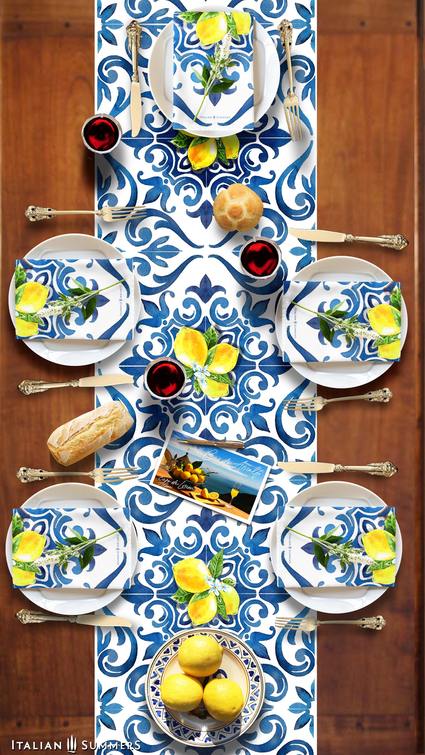 Italy inspired table runner printed with a blue and white pattern  of  Italian maiolica tiles and bundles of Sorrento lemons with flowers. A true Amalfi Coast decorational touch to any diningroom. Made by Italian Summers.