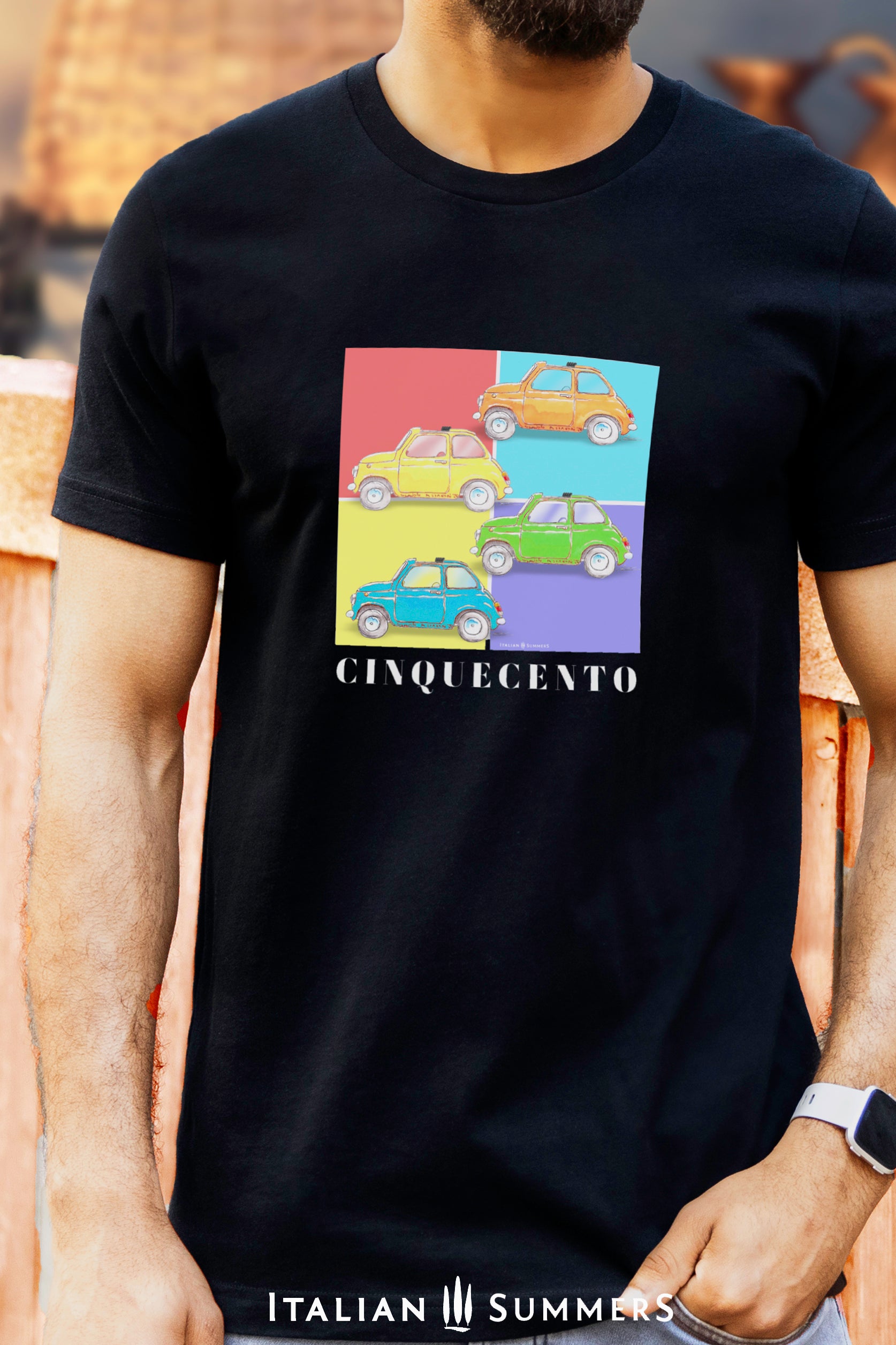 Italy white T Shirt printed with a colorful design of four vintage FIAT 500 in different vibrant colors. On the lower part of the design the title 'CINQUECENTO' made by Italian Summers