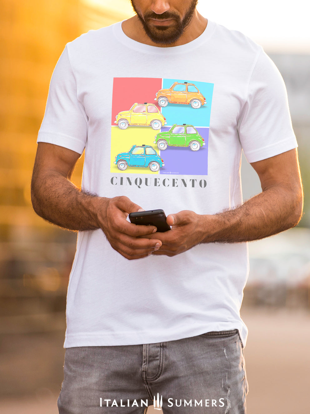 Italy white T Shirt printed with a colorful design of four vintage FIAT 500 in different vibrant colors. On the lower part of the design the title 'CINQUECENTO'  made by Italian Summers