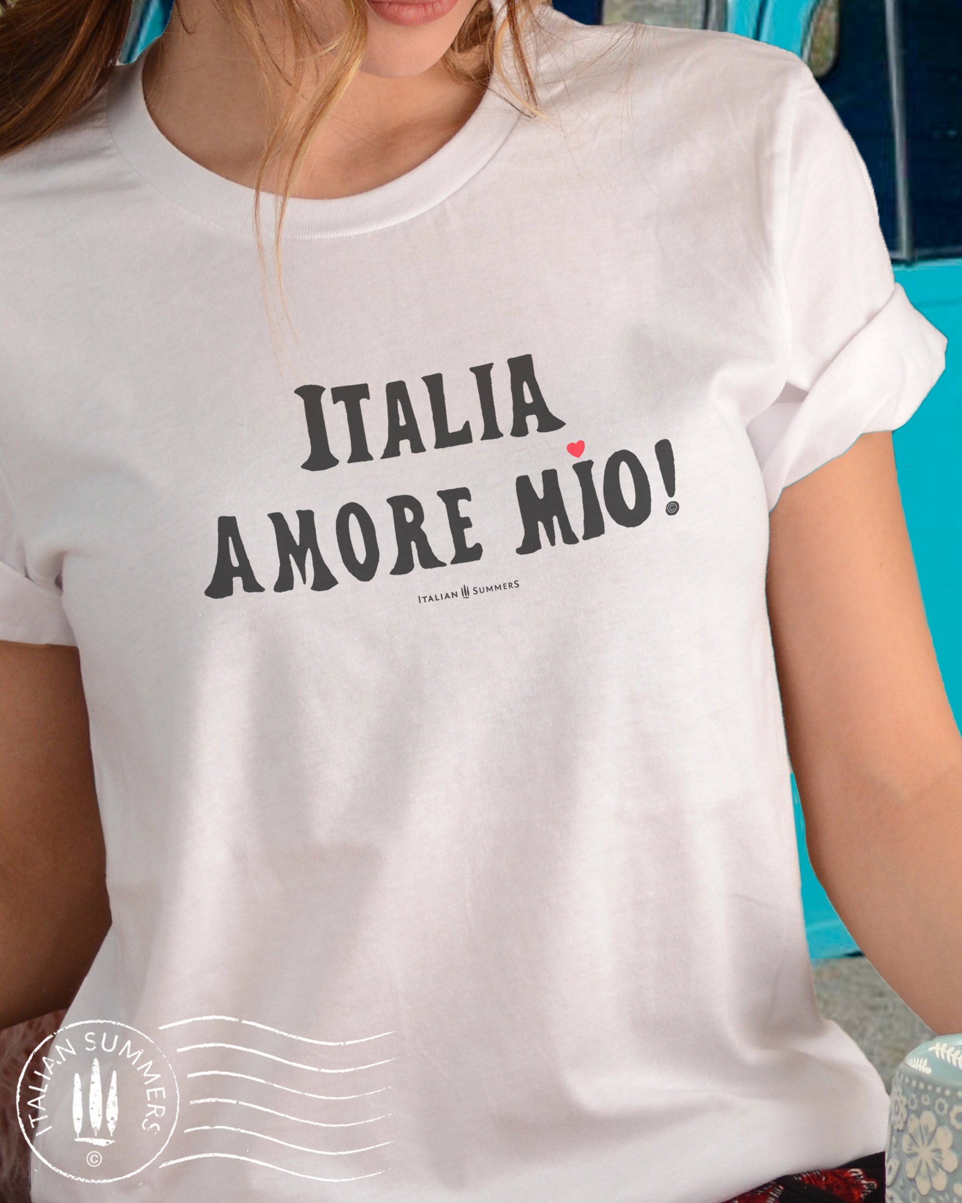 Italy T Shirt  Italia Amore Mio,  white cotton with bold black  hand-painted text  "Italia Amore Mio" the 'I' on the word 'mio' is punctuated by a small red heart. Made By Italian Summers