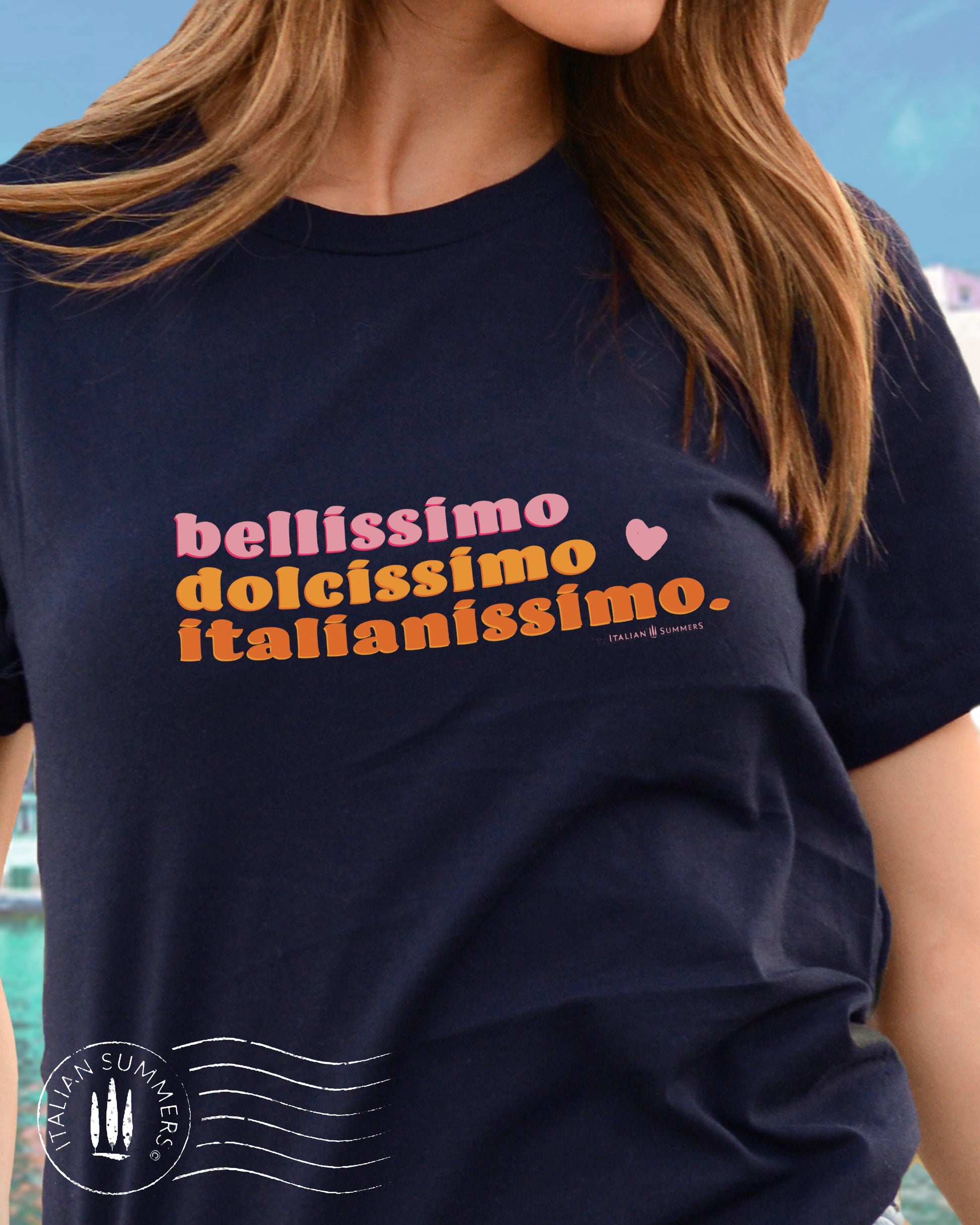 Italy inspired white cotton T shirt, crew-neck unisex shirt with the Italian phrase: "Bellissimo,dolcissimo, Italianissimo"  in soft pastel orange and pink colors from the 1970s design tradition.