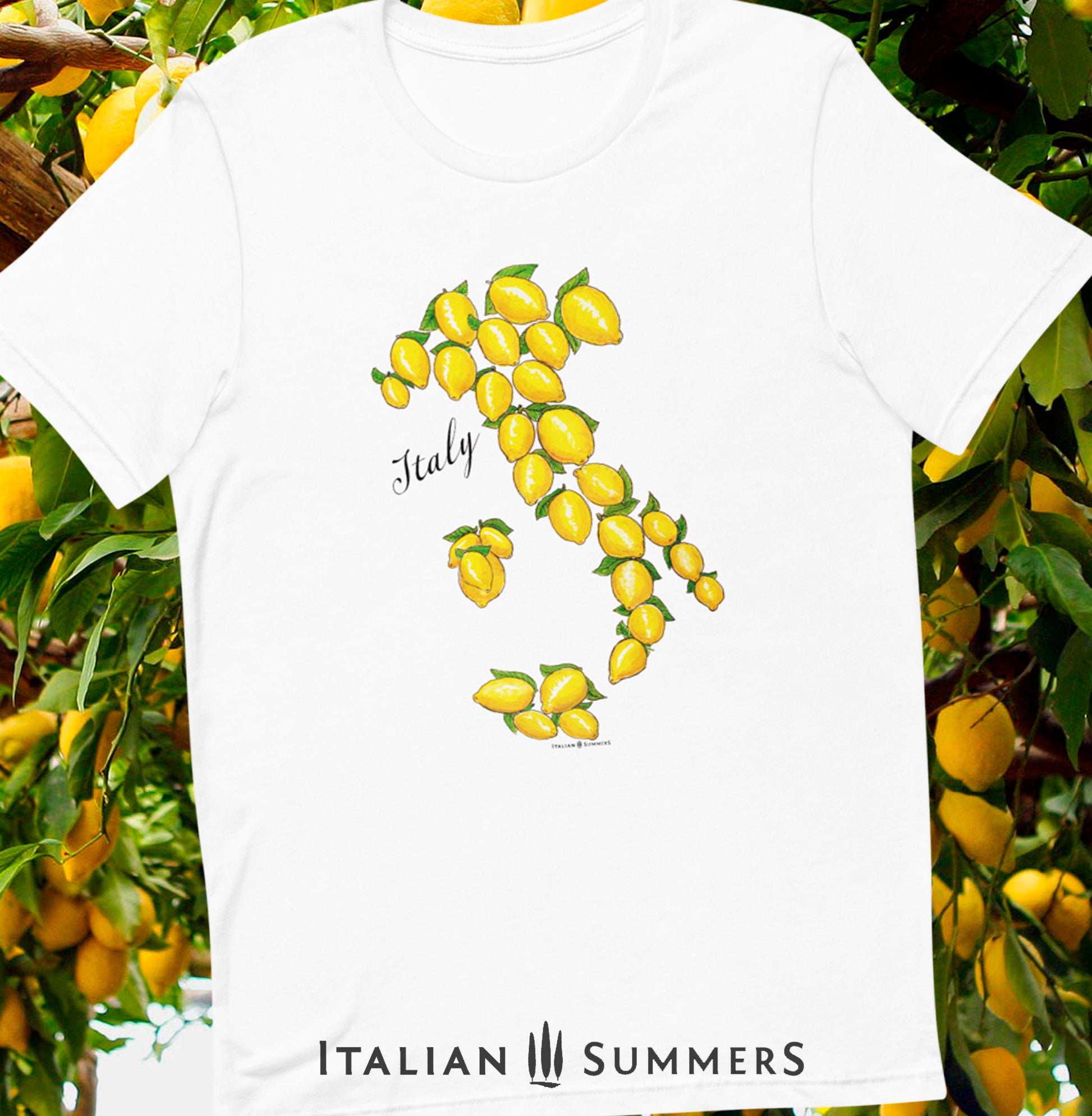 Unisex crew-neck Italy-inspire cotton T shirt with a print of the shape of the country of Italy composed of sunny Sorrento Lemons, an original design by Italian Summers