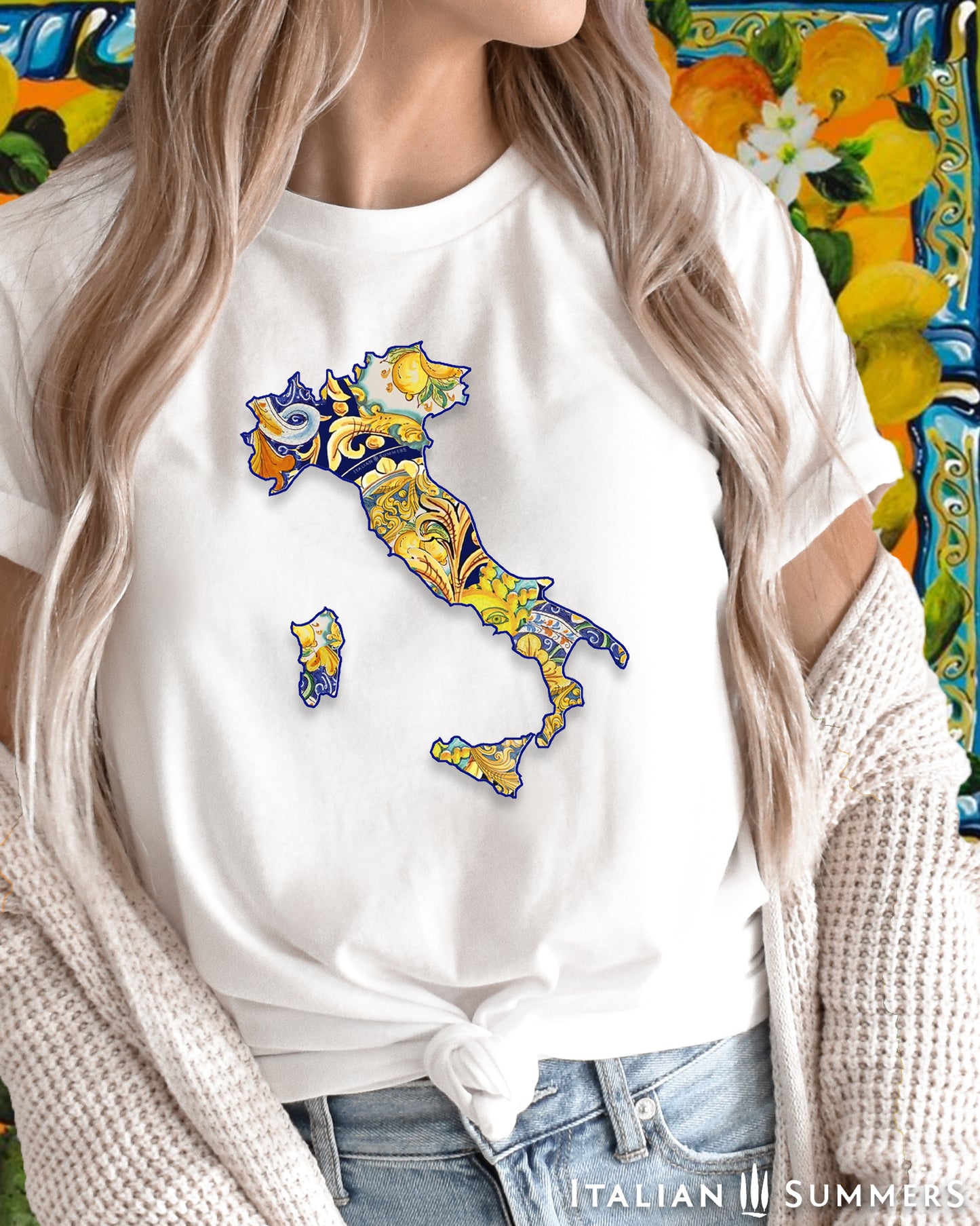 An Italy-inspired cotton Unisex crew neck T shirt with a print of the county of Italy composed of Italian maiolica tile decorations , an original design made by Italian Summers