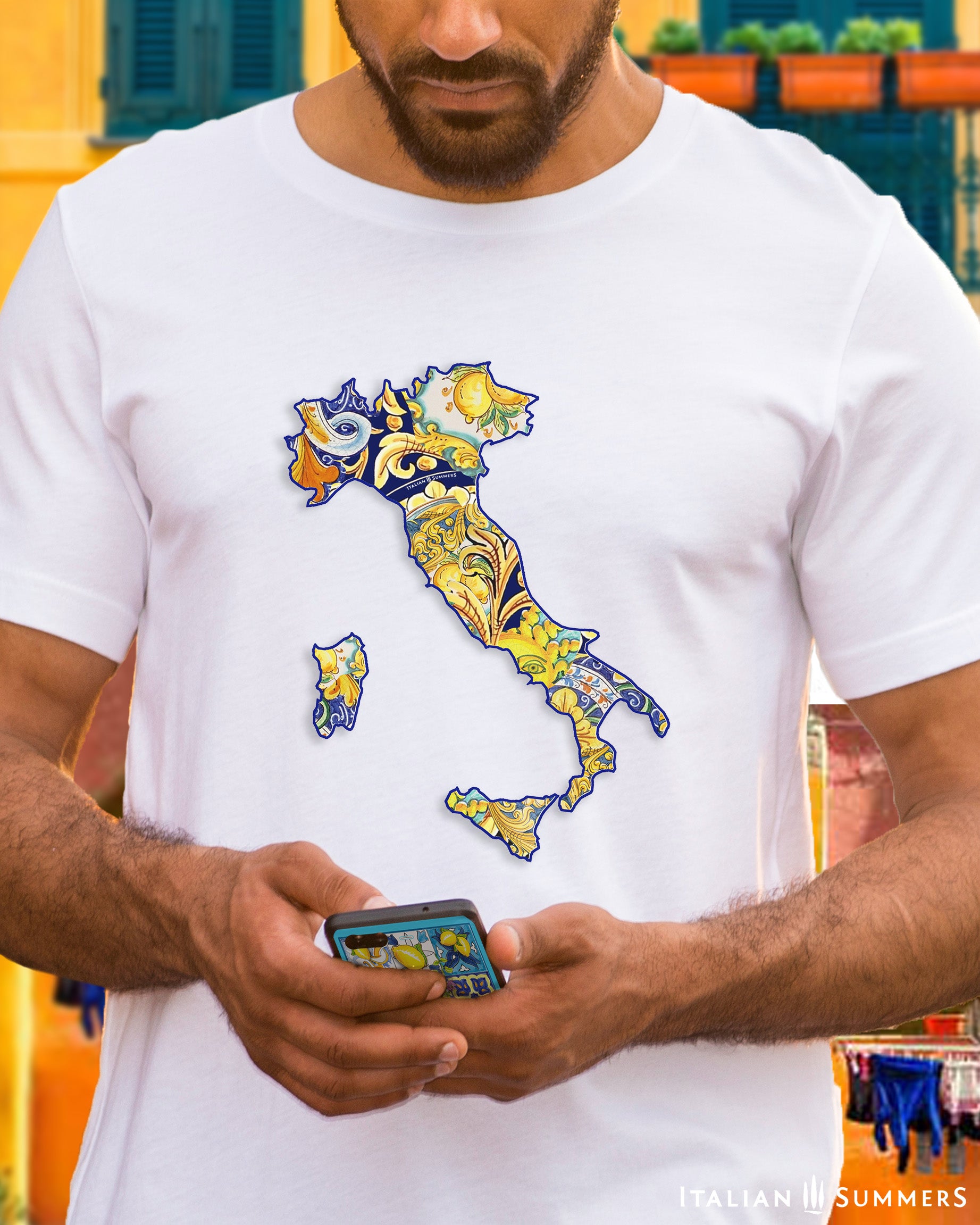 An Italy-inspired cotton Unisex crew neck T shirt with a print of the county of Italy composed of Italian maiolica tile decorations , an original design made by Italian Summers