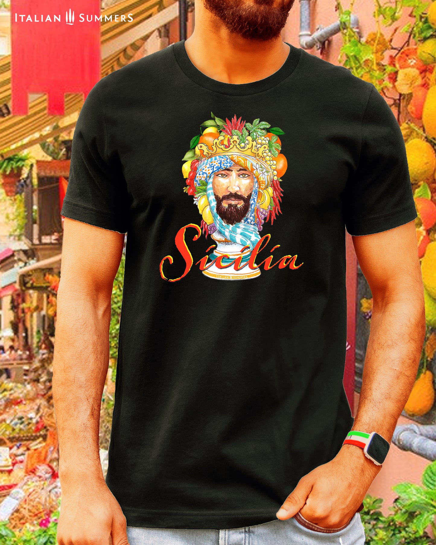 Italy inspired cotton unsex crew-neck T shirt  with a hand-illustrated  print of a decorative  Moor's head from the Sicilian tradition of Caltagirone ceramic sculptures depicting  the head of a Moorish nobleman with turban and decorative fruits.