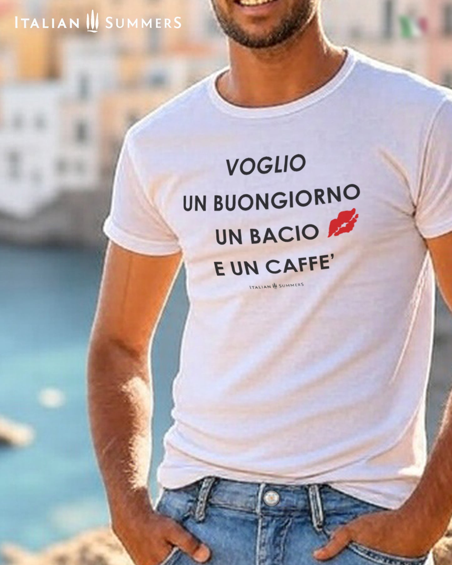 Italy T shirt VOGLIO UN BUONGIORNO un bacio e un caffe, Italian morning love, say it in Italian T shirt.