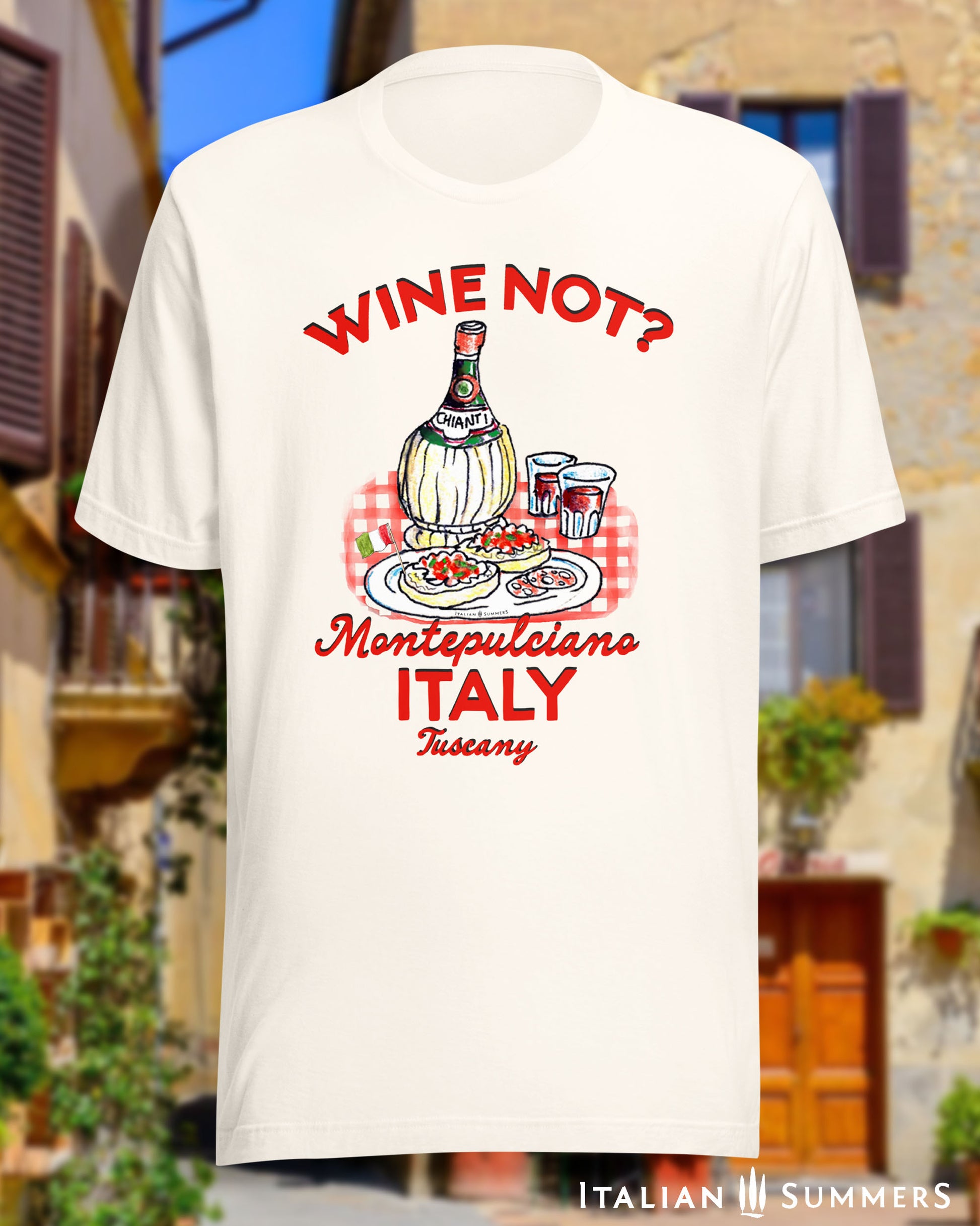 Wine Not Chianti bottle graphic on cotton t-shirt – rustic Italian design detail