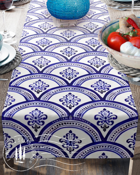 Table Runner SOGNO D'AMALFI by Italian Summers,  made to order, Mediterranean style, inspired by the Maiolica domes of the enchanted Coast of Amalfi