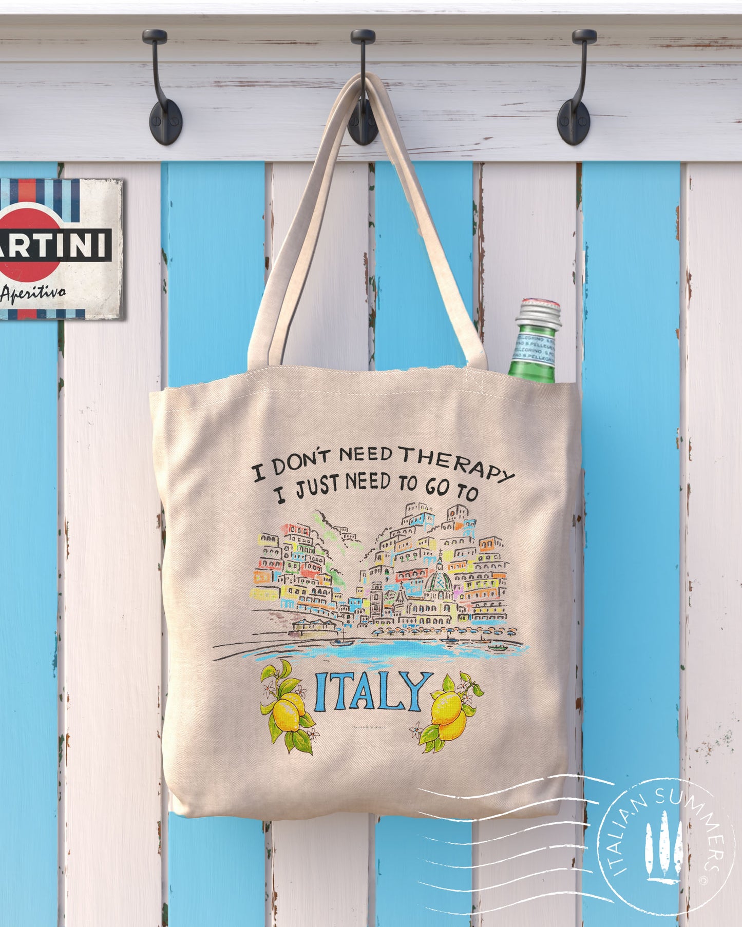It features our favorite illustrated Italy quote with lemons and a blue 'ITALY'. We added the colorful sketch of Positano as seen from the sea!