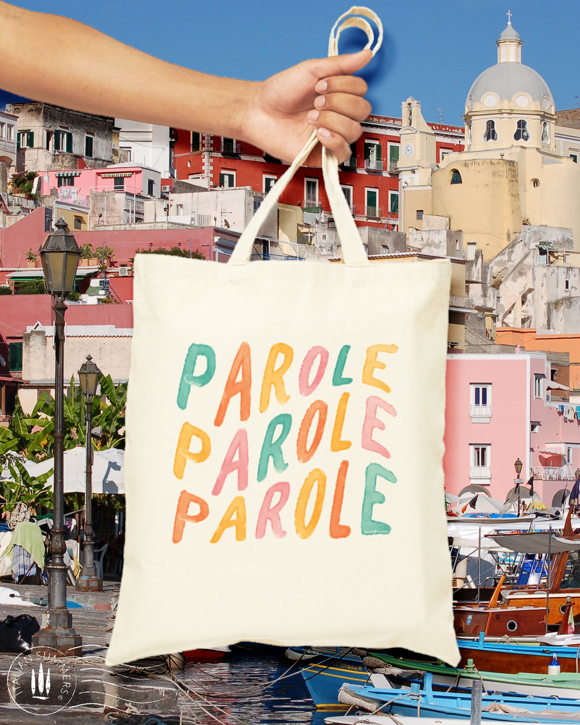 A  happy-looking Natural Cotton Tote bag with the Italian quote 'Parole Parole Parole, printed with  hand-brushed multi-colored letters. Perfect for the beach, shopping or just a stroll in the Piazza.