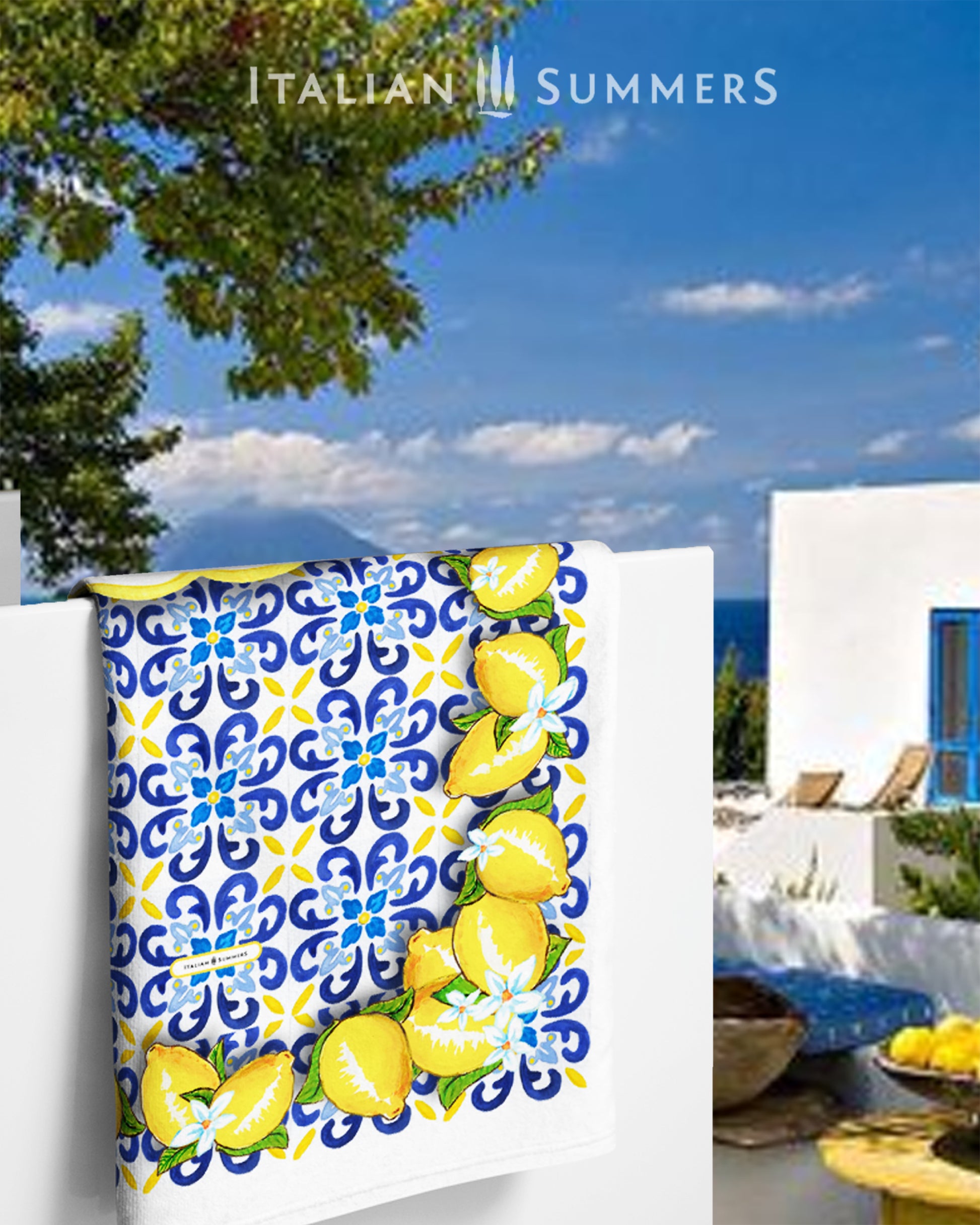 It's Italy in a beach towel! Escape the blues with this fun towel featuring classic Italian maiolica tiles and a Sorrento lemon frame. Time to pack your bags and hit the beach with this witty I Don't Need Therapy, I Just Need to Go to Italy design by Italian Summers!