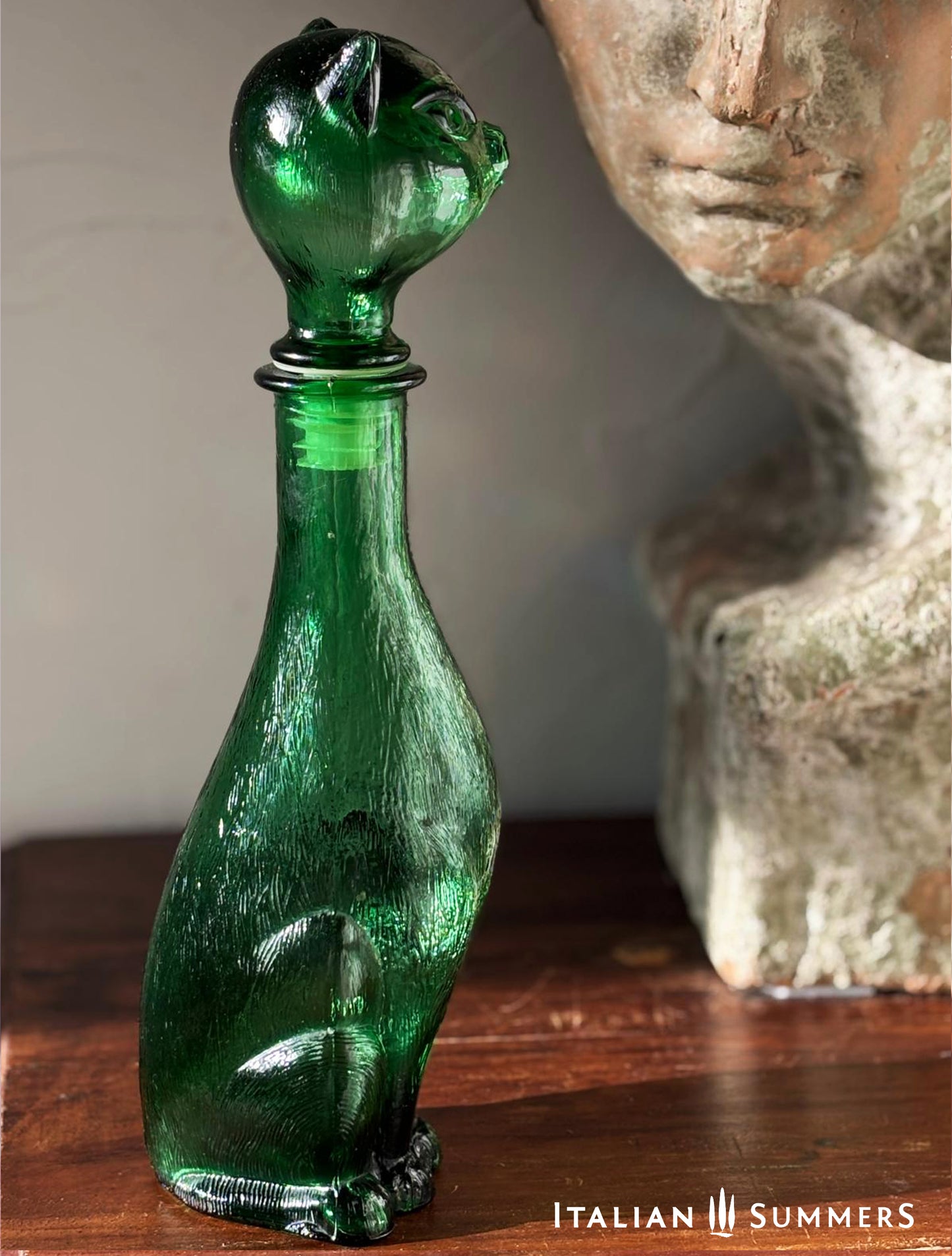 Vintage 1960-70s Empoli emerald glass Cat Genie Bottle/decanter, Italian designer decanter