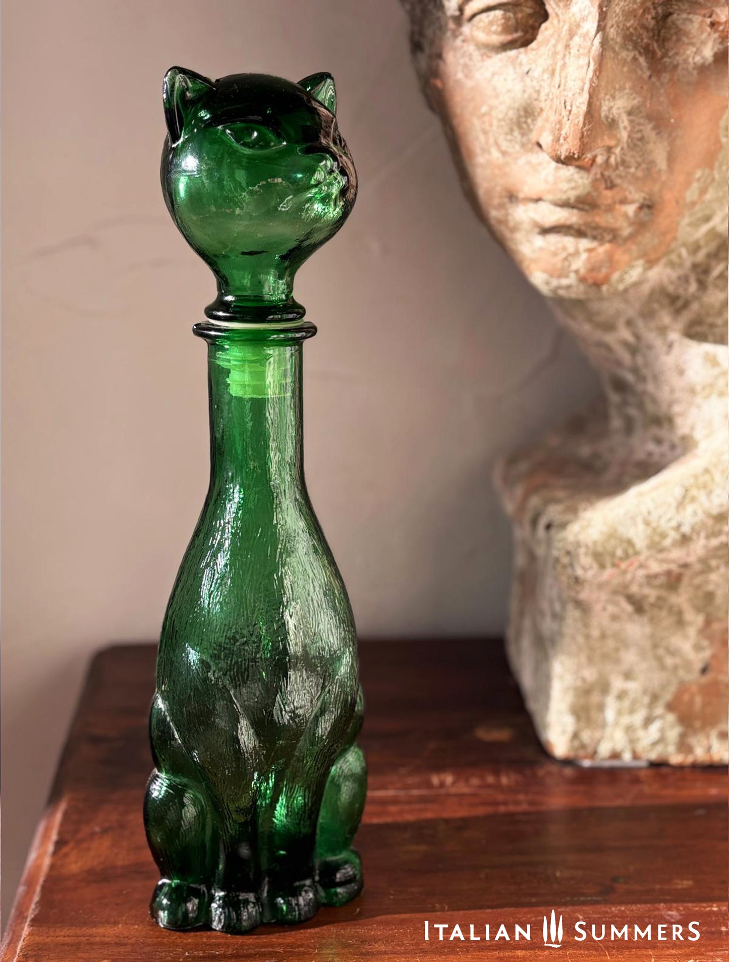 Vintage 1960-70s Empoli emerald glass Cat Genie Bottle/decanter, Italian designer decanter