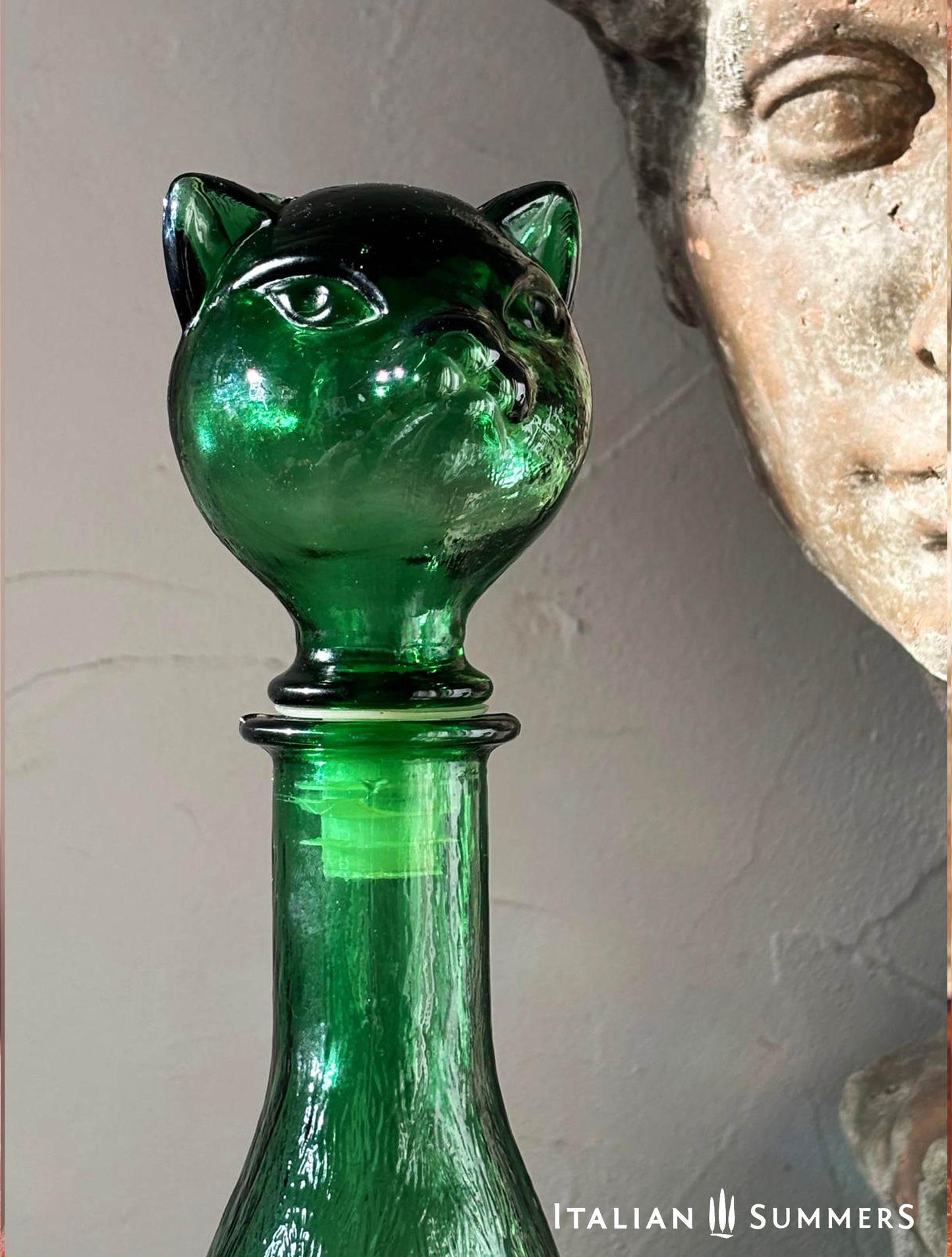 Vintage 1960-70s Empoli emerald glass Cat Genie Bottle/decanter, Italian designer decanter