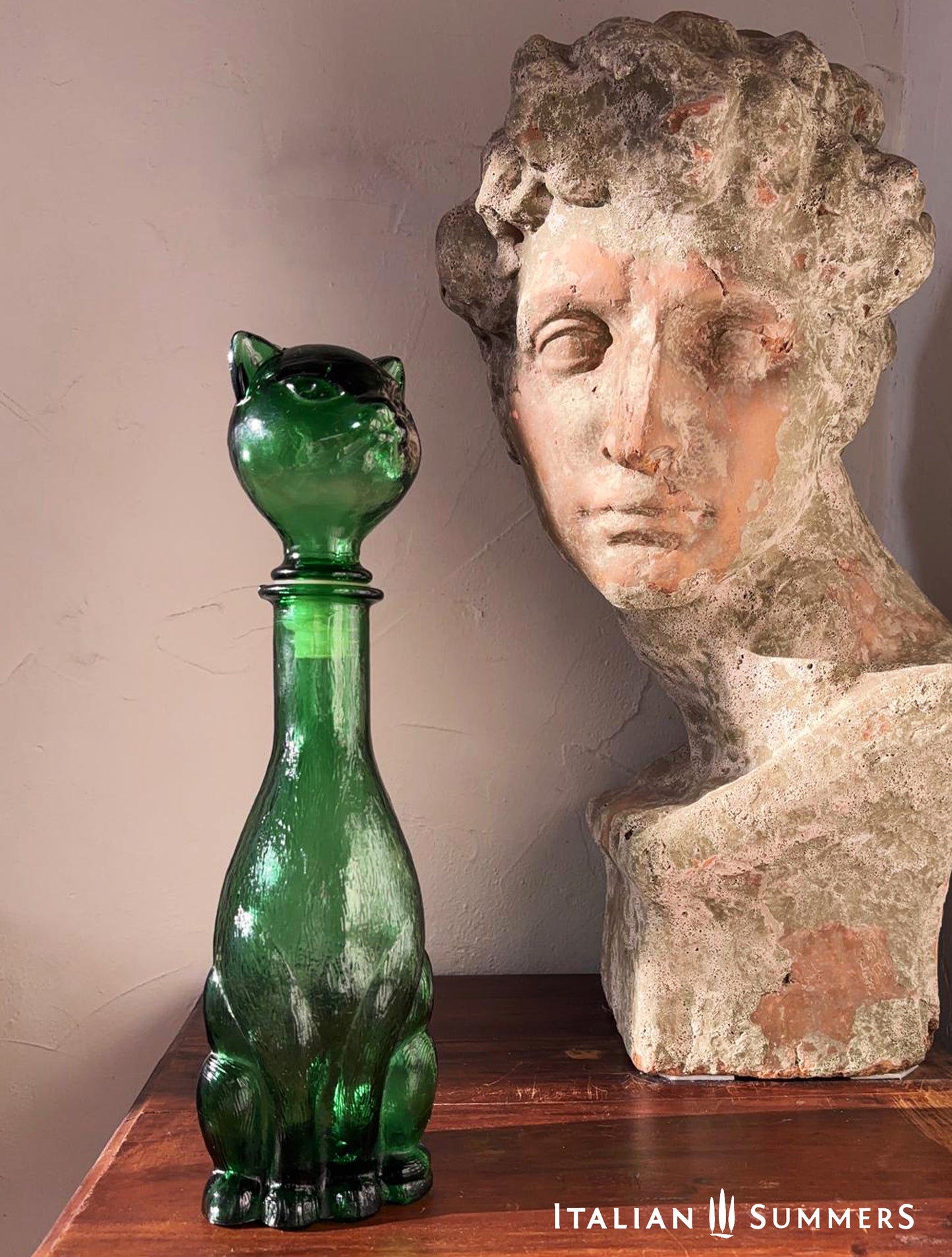 Vintage 1960-70s Empoli emerald glass Cat Genie Bottle/decanter, Italian designer decanter