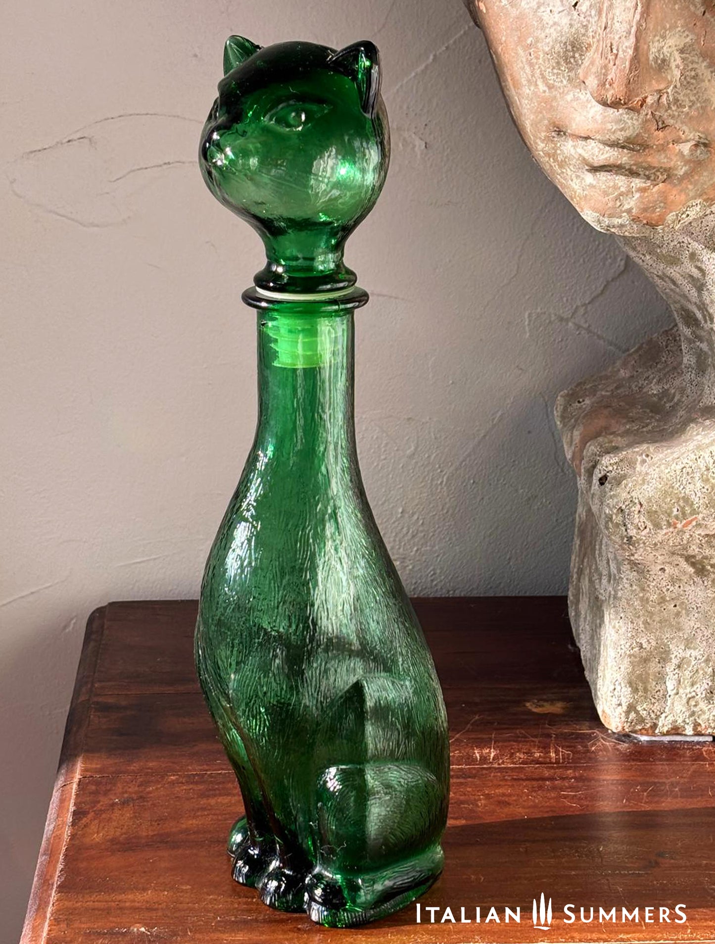 Vintage 1960-70s Empoli emerald glass Cat Genie Bottle/decanter, Italian designer decanter