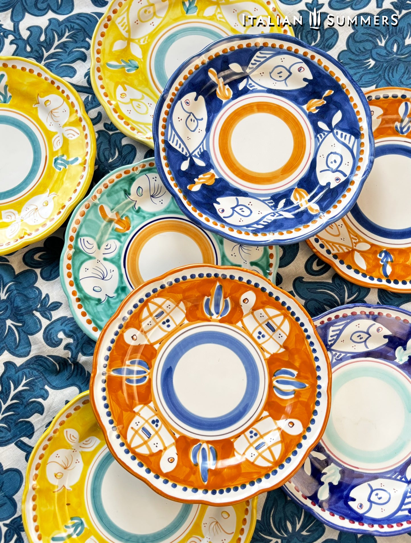 Vietri hand-painted Amalfi Coast large flat dinner plates, set of 8 | Italian Maiolica plates