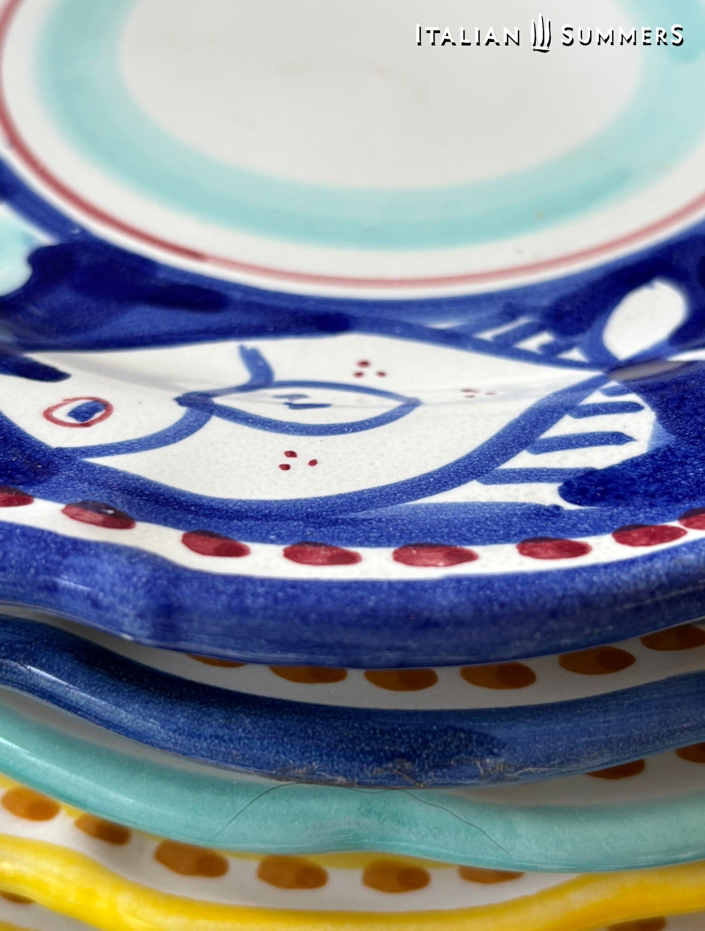 Vietri hand-painted Amalfi Coast large flat dinner plates, set of 8 | Italian Maiolica plates
