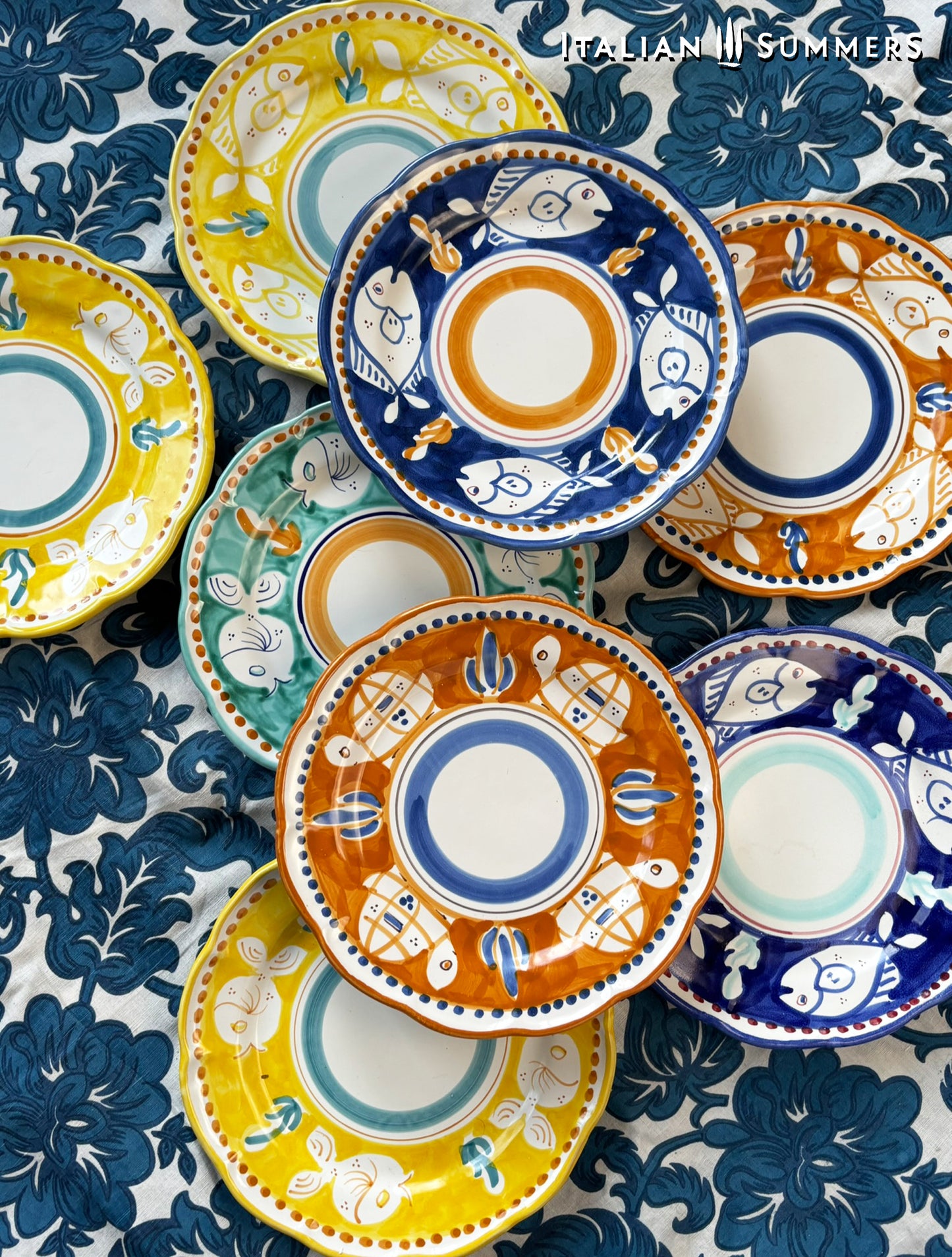 Vietri hand-painted Amalfi Coast large flat dinner plates, set of 8 | Italian Maiolica plates