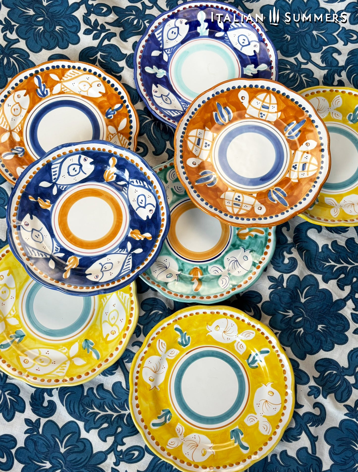 Vietri hand-painted Amalfi Coast large flat dinner plates, set of 8 | Italian Maiolica plates