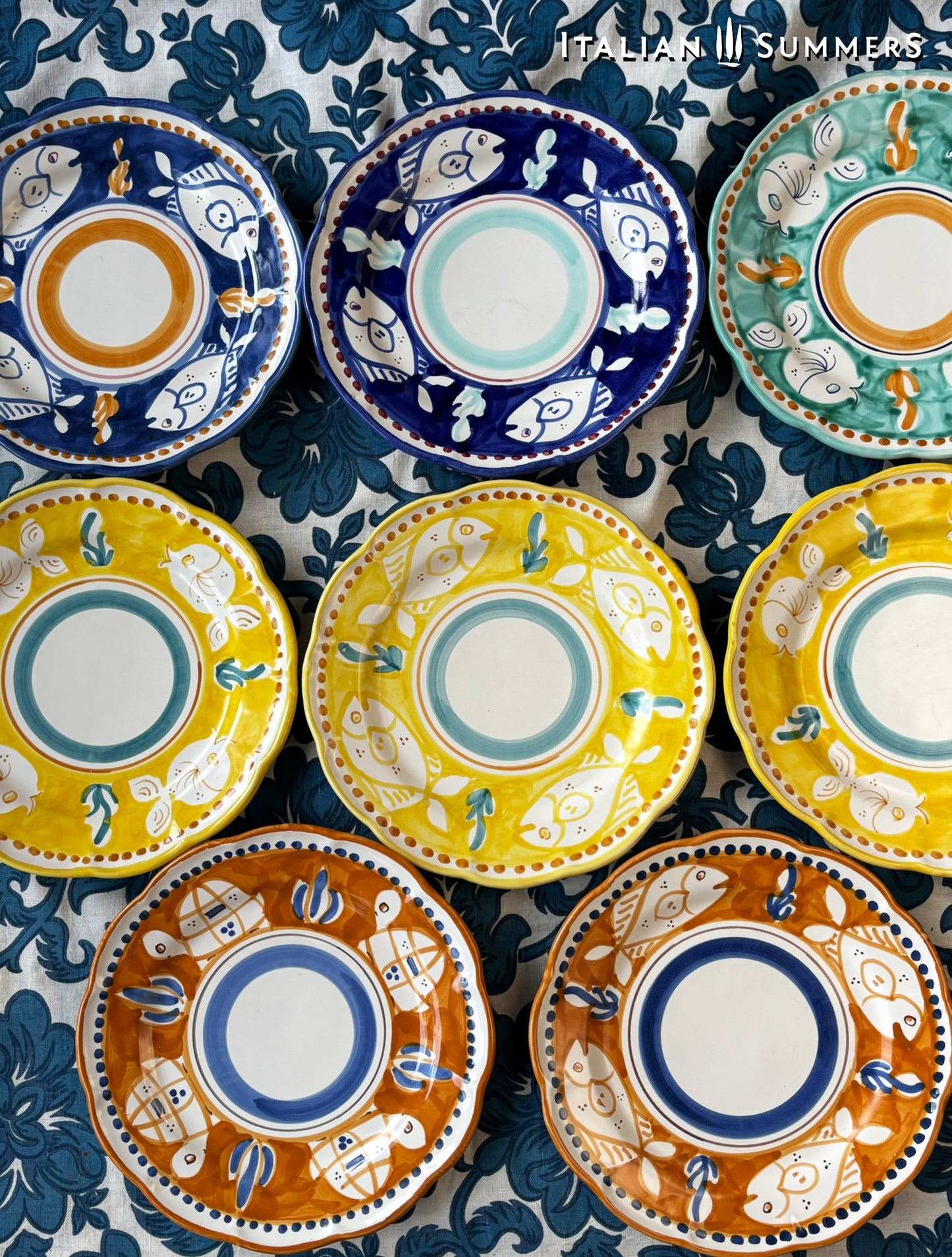 Vietri hand-painted Amalfi Coast large flat dinner plates, set of 8 | Italian Maiolica plates