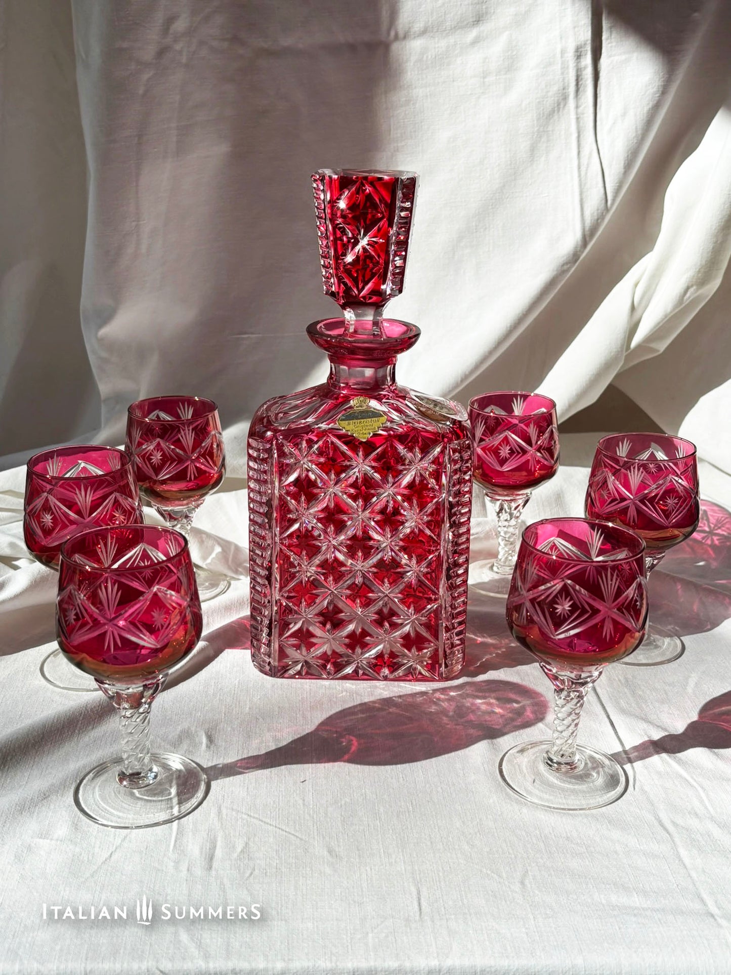 RARE vintage cut crystal cranberry decanter and six goblets set