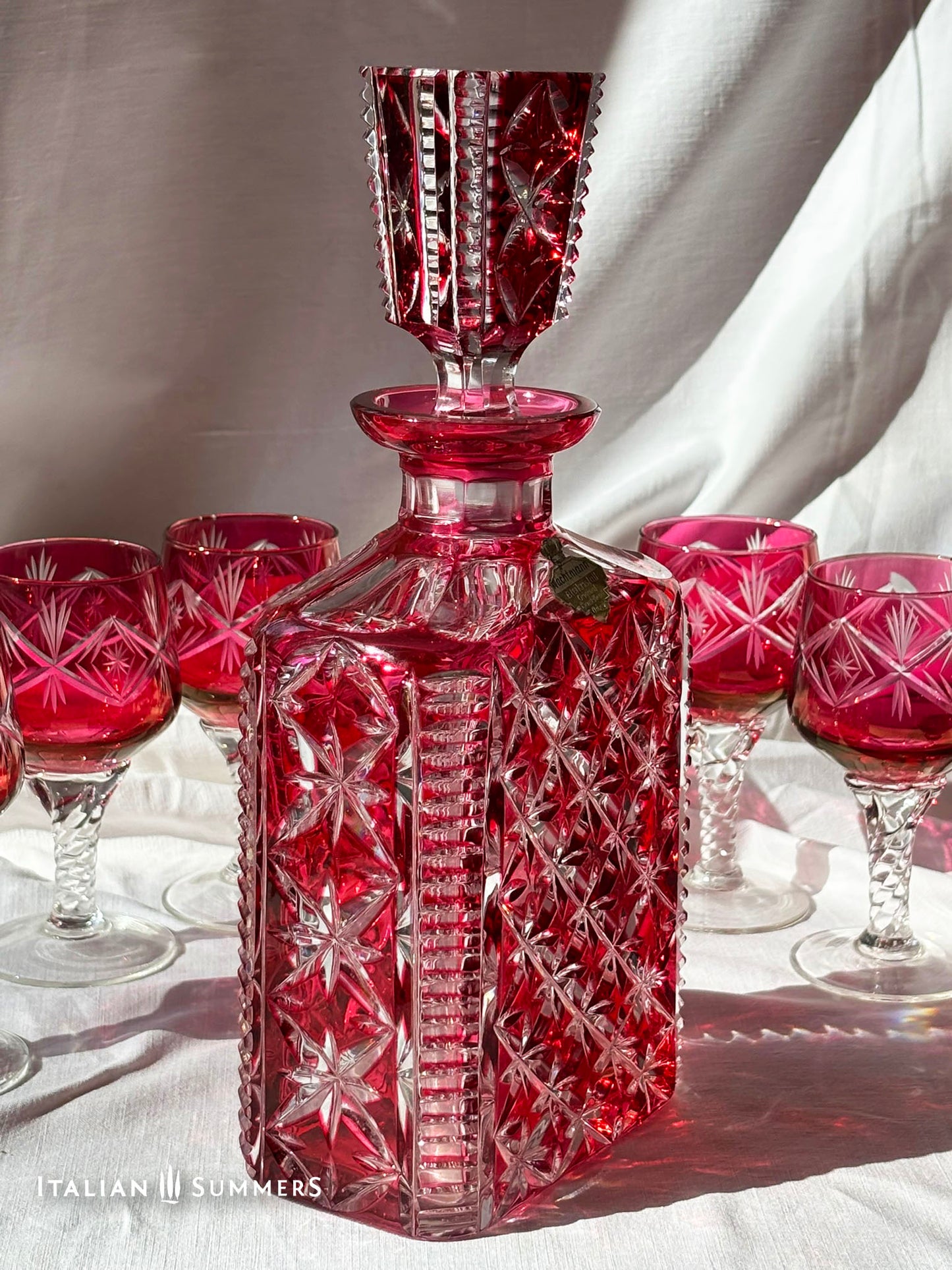 RARE vintage cut crystal cranberry decanter and six goblets set