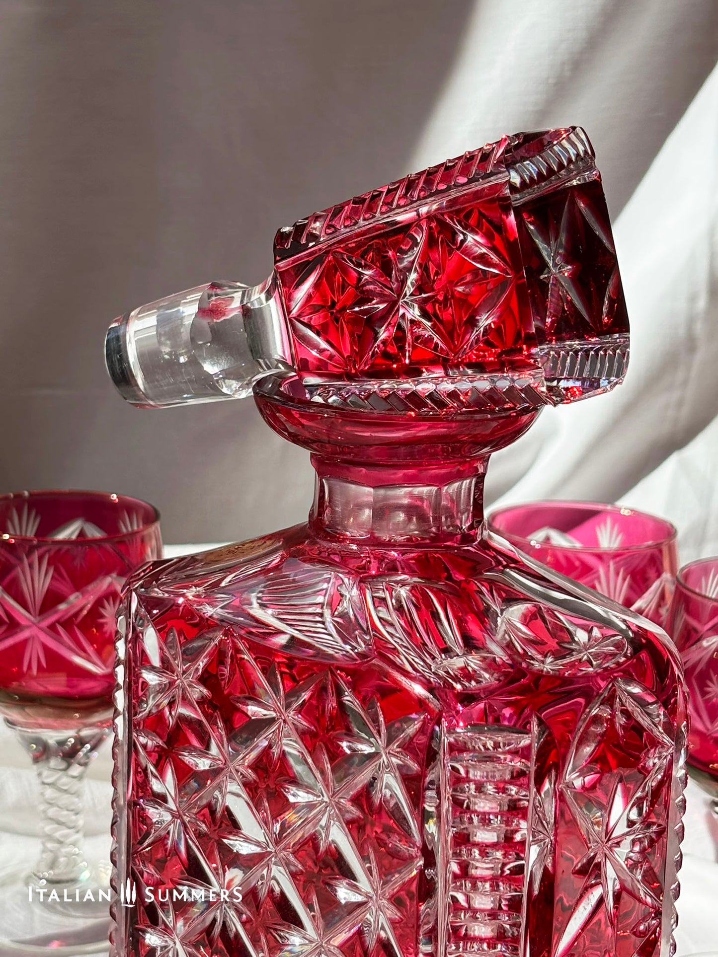 RARE vintage cut crystal cranberry decanter and six goblets set
