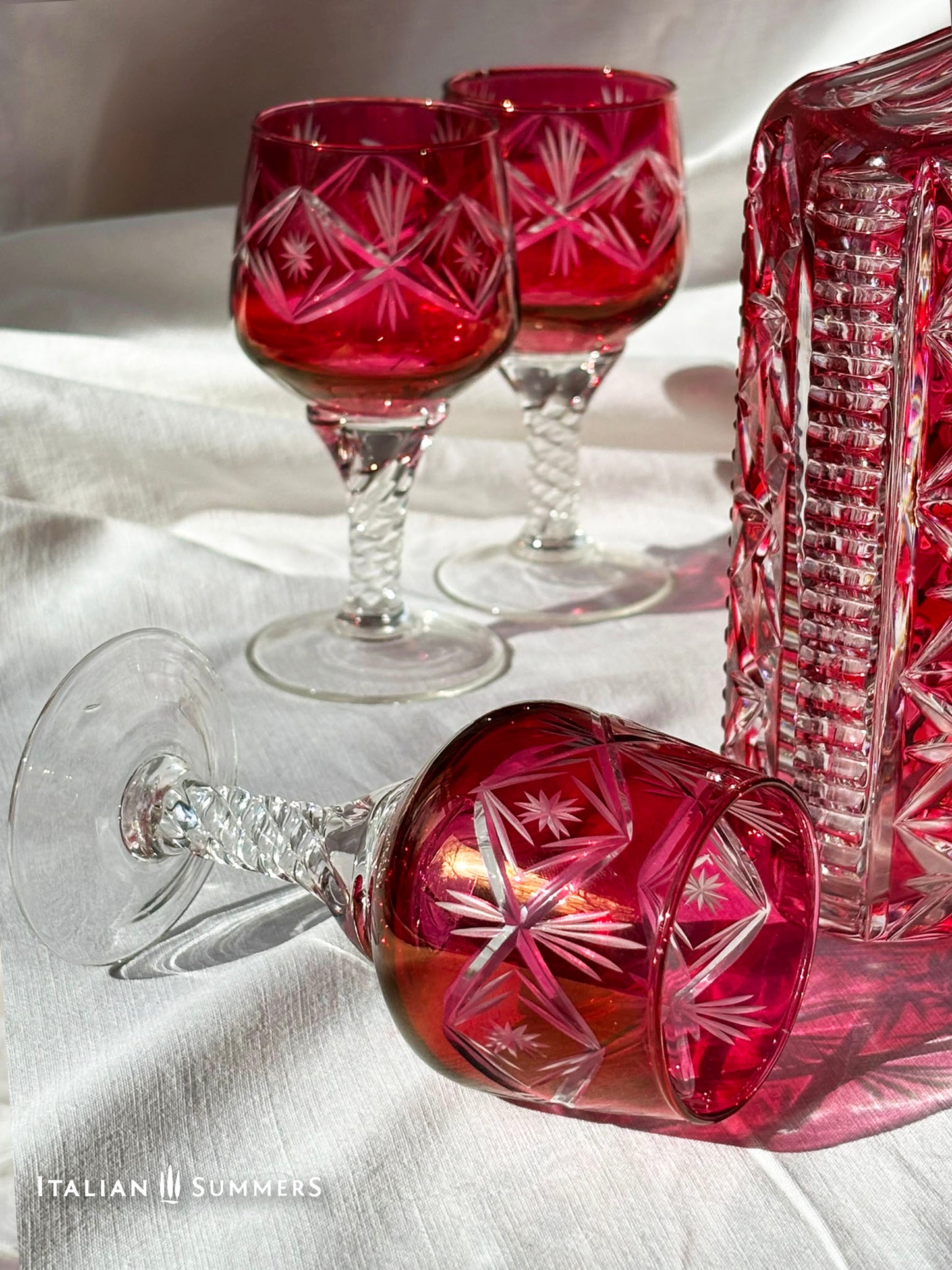 RARE vintage cut crystal cranberry decanter and six goblets set