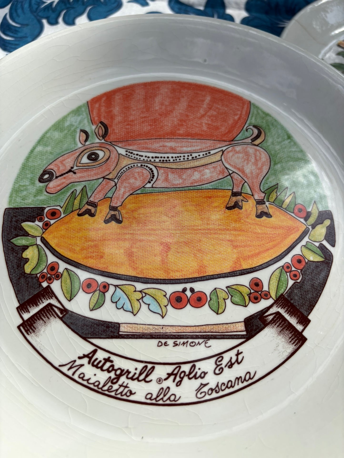 Vintage Autogrill plate by De Simone - Aglio Est Maialetto alla Toscana, 1960s Italian highway memorabilia