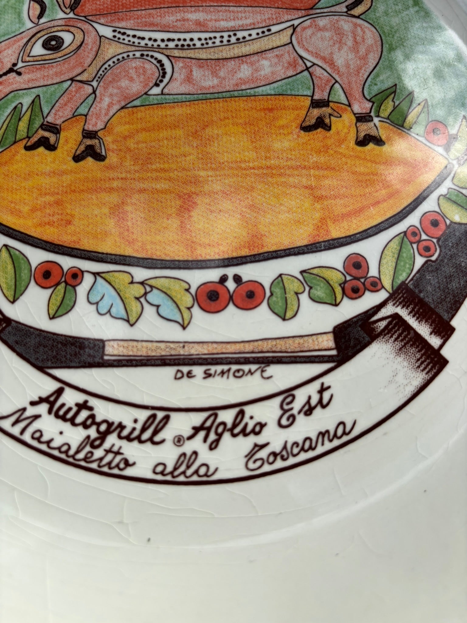 Vintage Autogrill plate by De Simone - Aglio Est Maialetto alla Toscana, 1960s Italian highway memorabilia