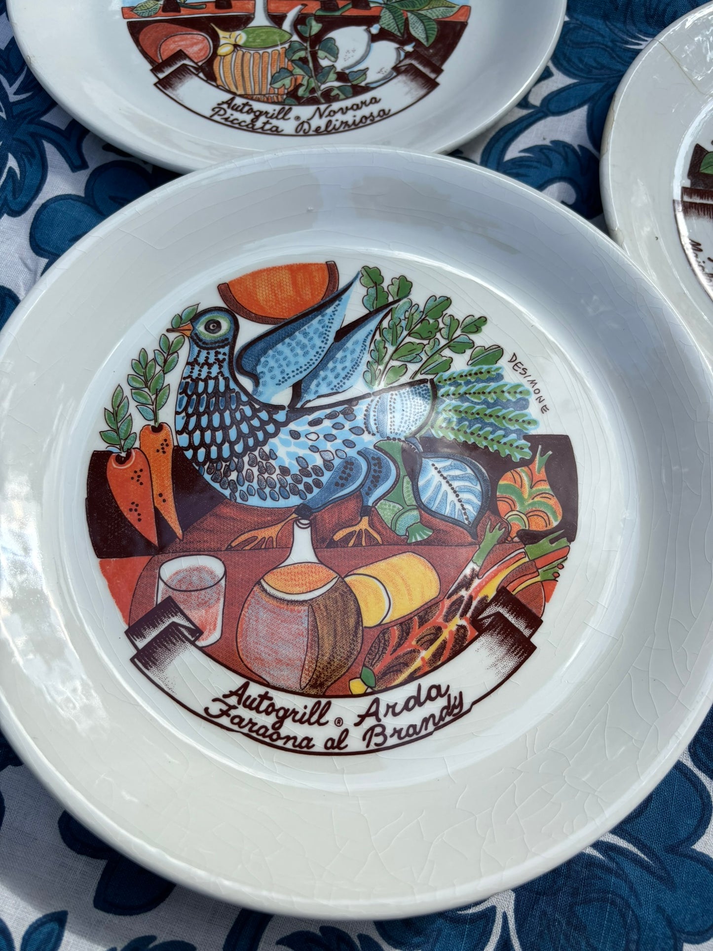 Vintage Autogrill plate by De Simone - Arda Faraona al Brandy, 1970s Italian highway memorabilia