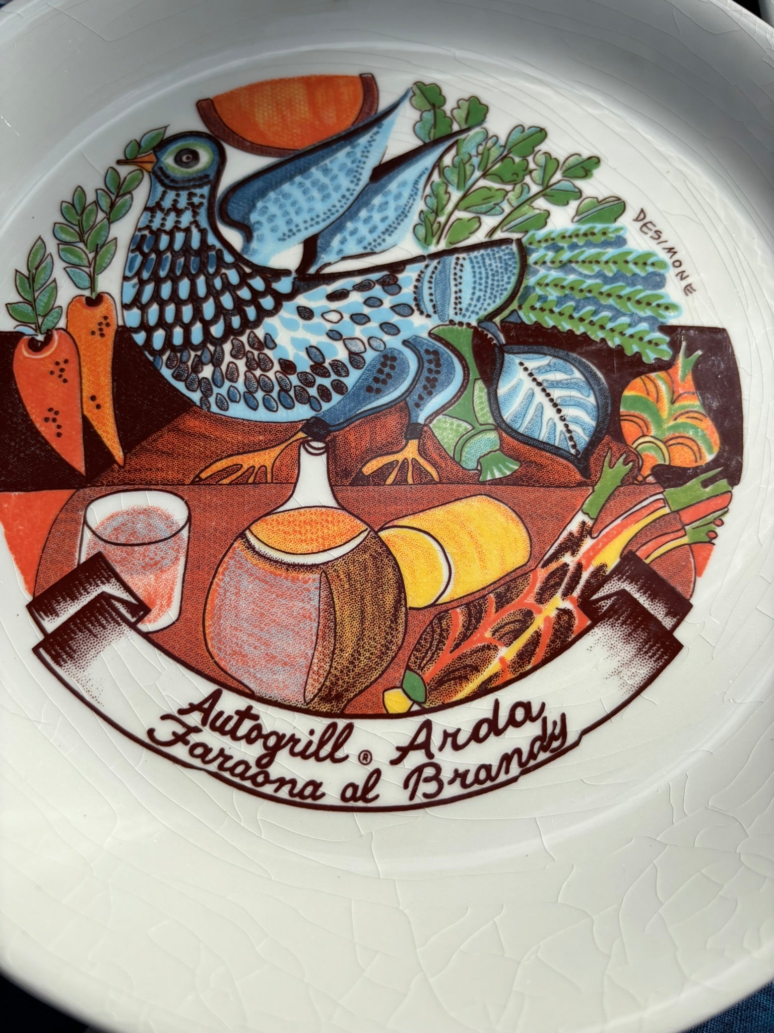 Vintage Autogrill plate by De Simone - Arda Faraona al Brandy, 1970s Italian highway memorabilia