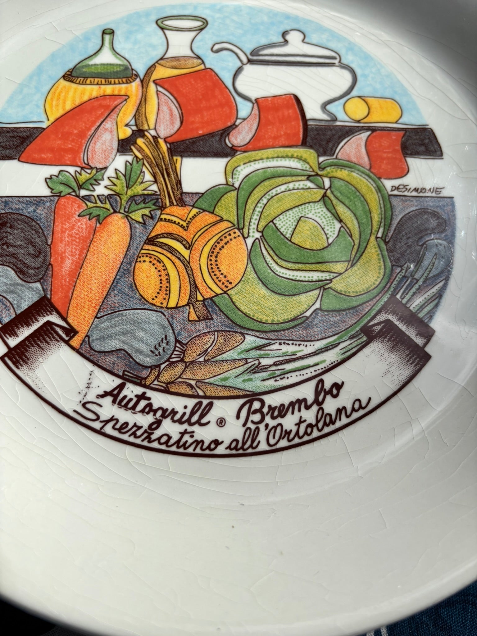 Vintage Autogrill plate by De Simone - Brembo Spezzatino all'Ortolano, 1960s Italian highway memorabilia