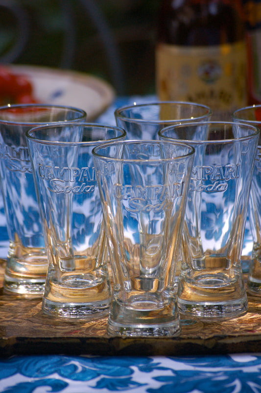 Vintage Campari Soda glasses in original box from the sixties Italian barware