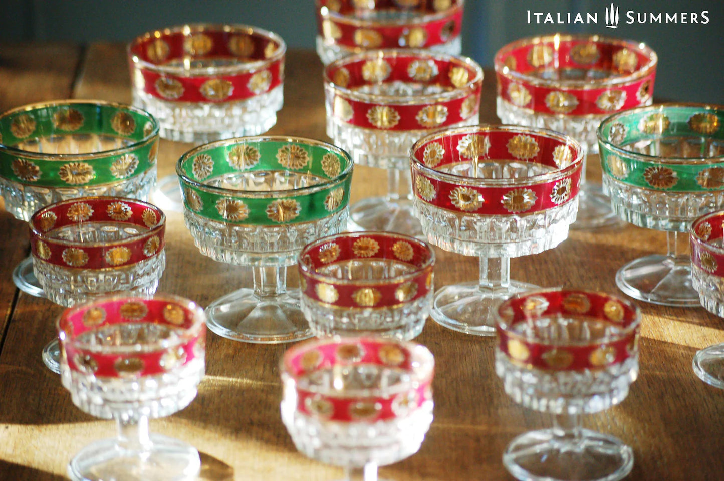 Vintage Italian Christmas gold rimmed glass coupes by Stampi Francolini