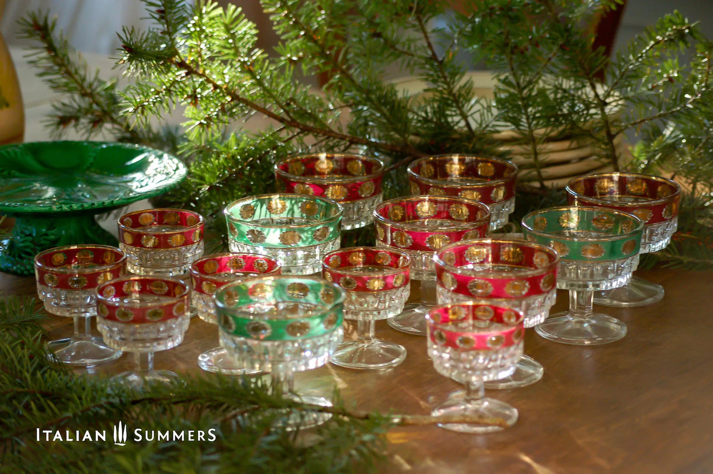 Vintage Italian Christmas gold rimmed glass coupes by Stampi Francolini