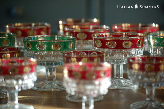 Vintage Italian Christmas gold rimmed glass coupes by Stampi Francolini