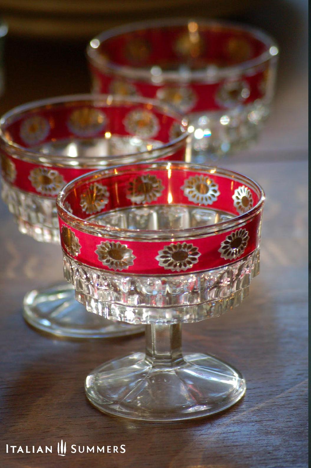 Vintage Italian Christmas gold rimmed glass coupes by Stampi Francolini